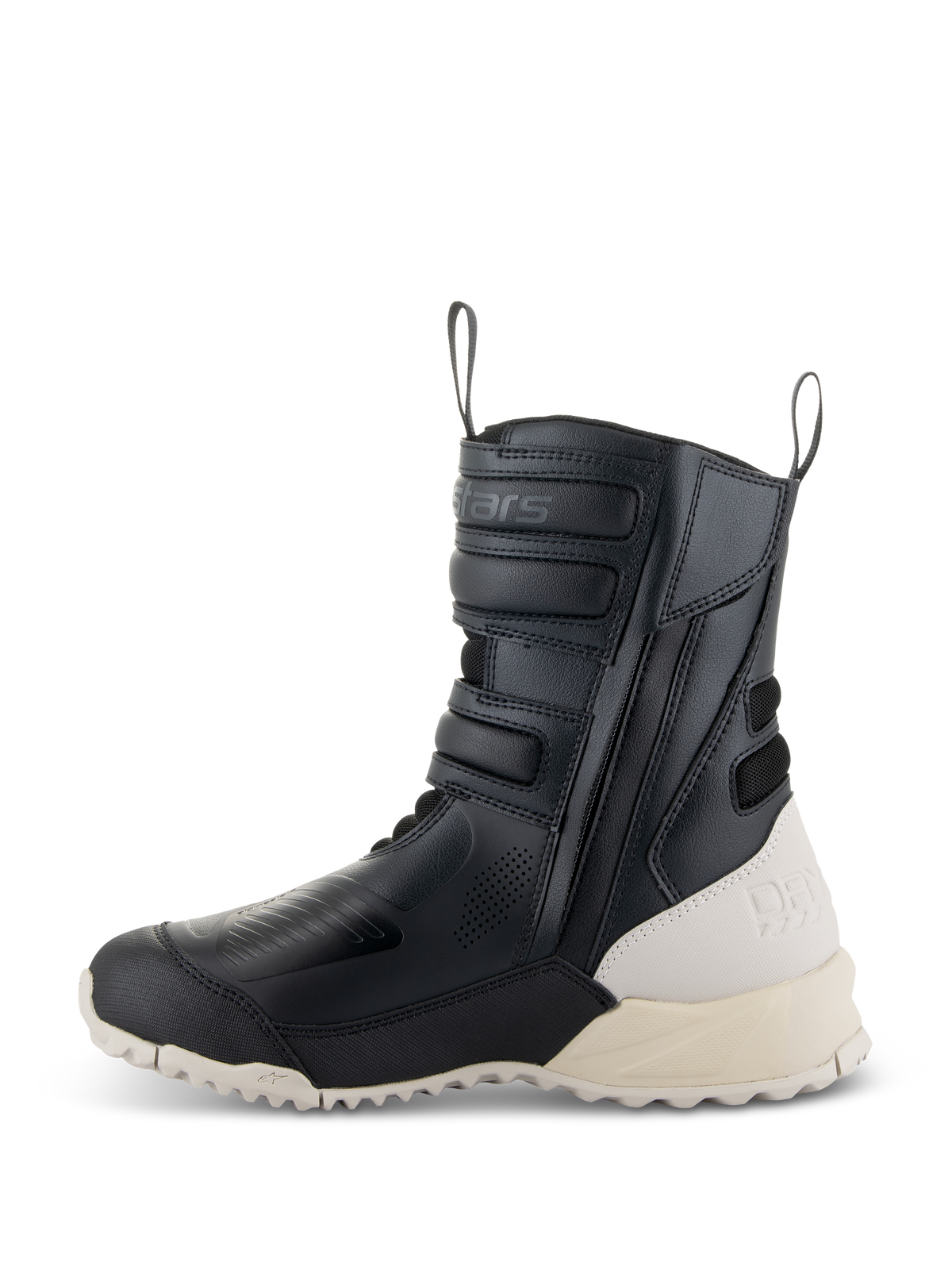 Alpinestars Women Stella RT-7 Touring Drystar® Boots, Black and White, lateral profile of a tall touring motorcycle boot featuring microfiber construction, side zipper with adjustable straps, and a contrasting off-white heel and sole.