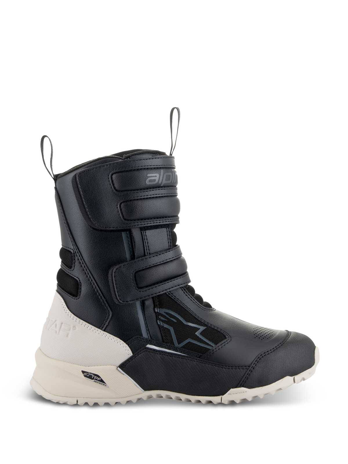 Alpinestars Women Stella RT-7 Touring Drystar Boots, Motorcycle Touring Boots, Black and White, featuring three adjustable Velcro straps, front and rear pull loops, and a rugged lug outsole with TPF support frame