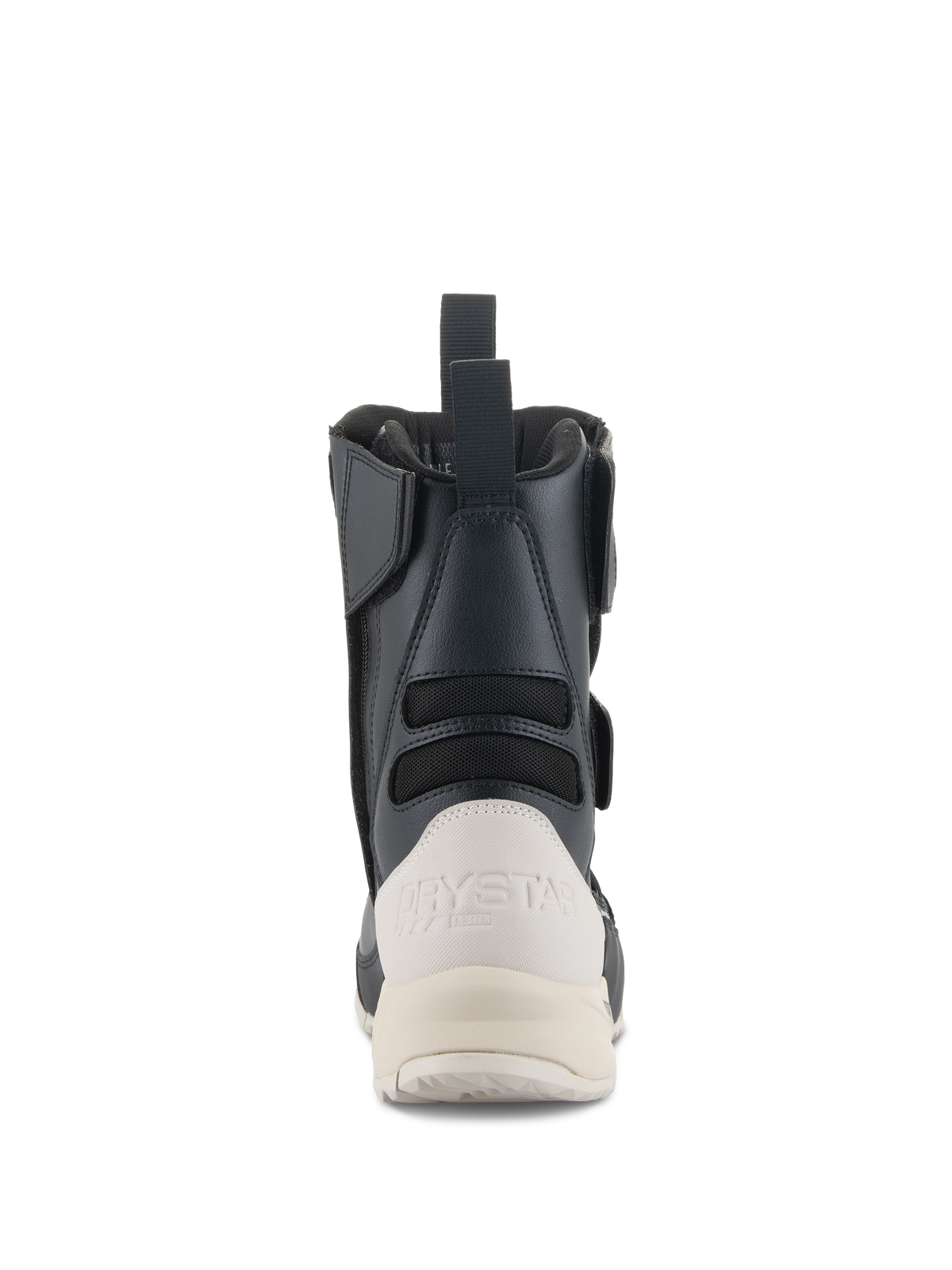 Alpinestars Women Stella RT-7 Touring Drystar® Boots, Rear View, Black and White, featuring a white reinforced heel counter with Drystar branding, a rear pull tab, and textile accordion panels for flexibility.