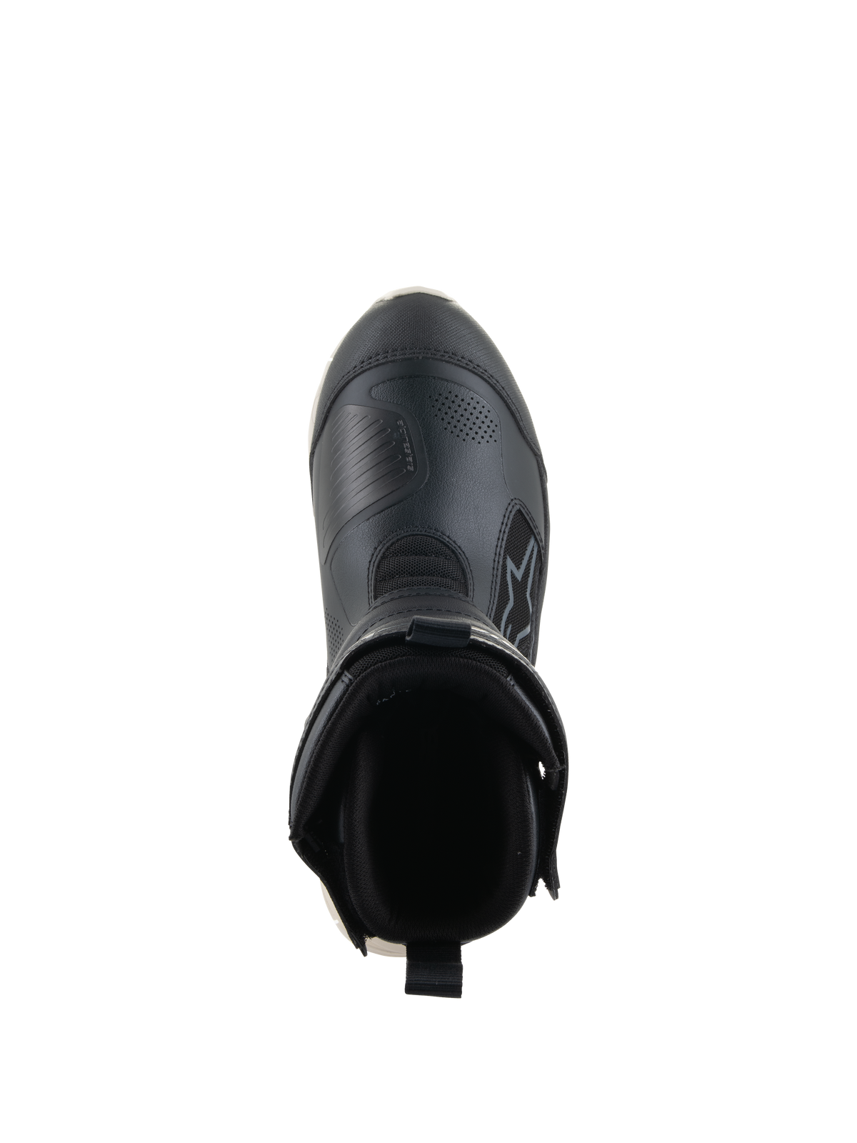 Alpinestars Stella RT-7 Touring Drystar® Boots, Women's Motorcycle Touring Boots, Black and White, top-down view looking into the boot opening, featuring a padded collar, rear pull tab, and durable microfiber upper with Alpinestars branding.