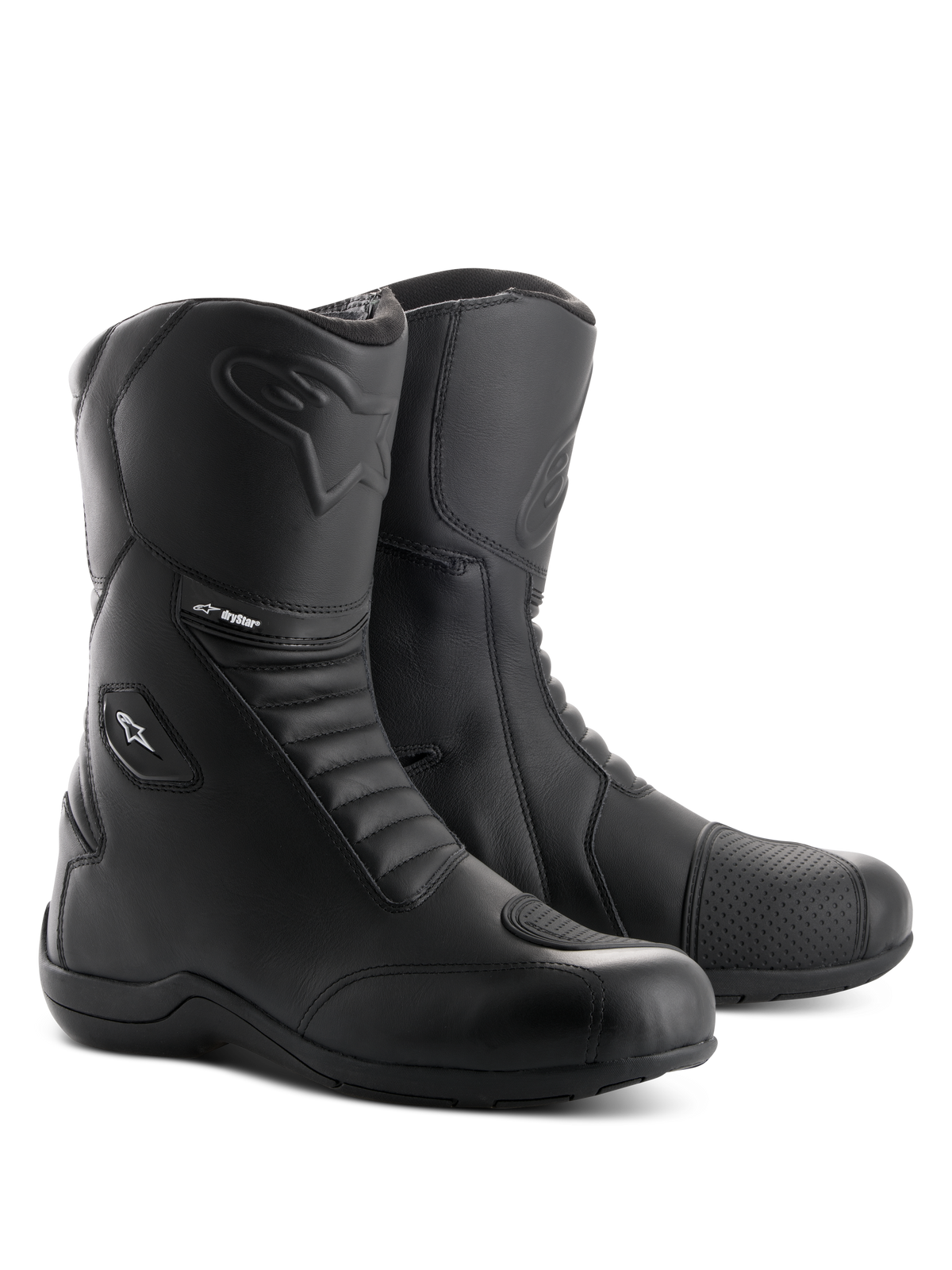 Alpinestars Andes V2 Drystar Stiefel, schwarze Motorrad-Tourenstiefel, wasserfeste Lederkonstruktion mit Akkordeon-Flex-Einsätzen vorne und hinten, seitlicher Reißverschluss mit Abdeckung, geprägtes Alpinestars-Logo und Drystar-Branding, strapazierfähiges Schuhwerk für Straßen- und Adventure-Fahrten.
