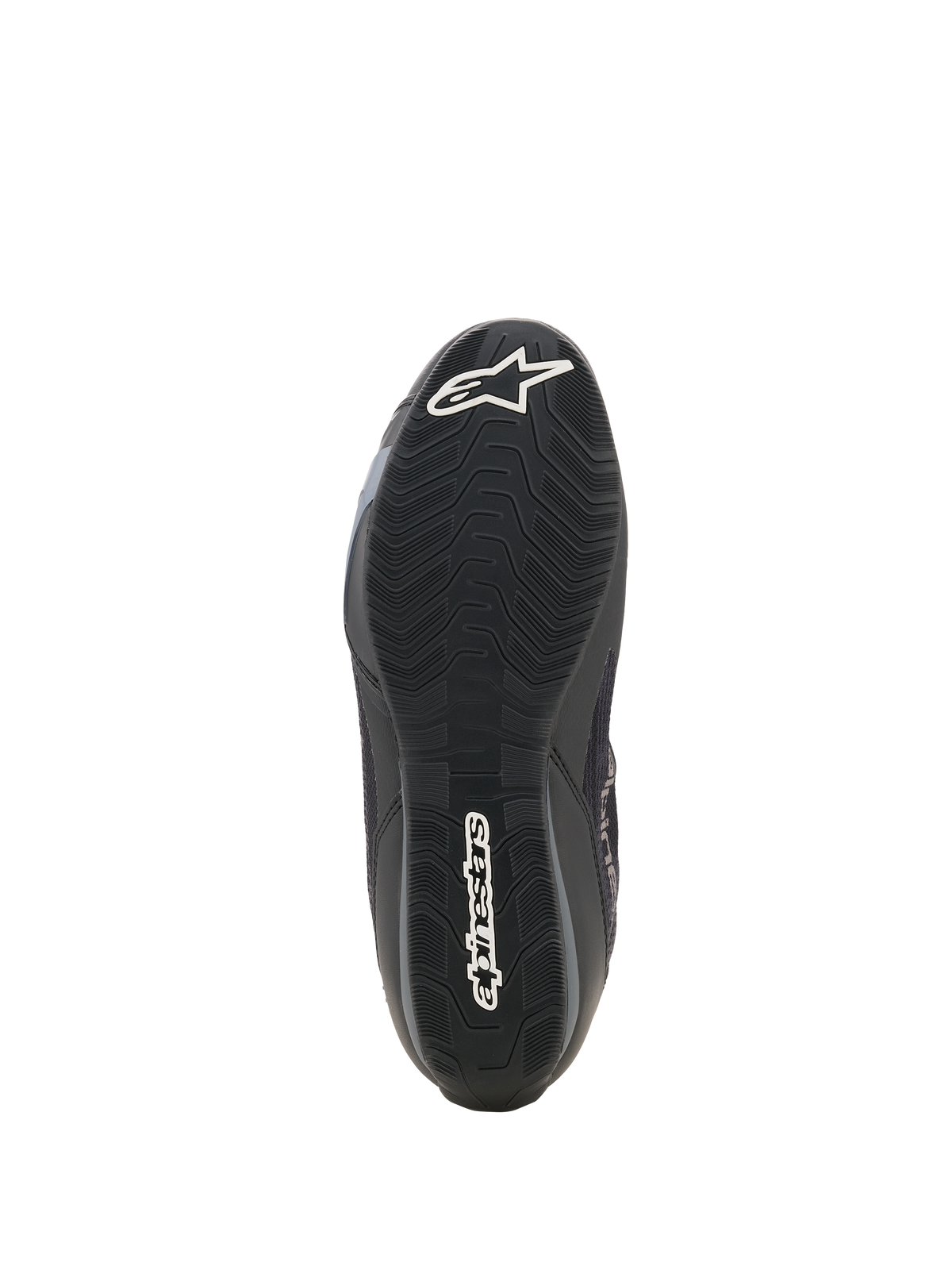Alpinestars Celer Superair Shoes, Motorcycle Riding Shoes, Black and Dark Gray, bottom view of textured oil-resistant rubber outsole, featuring white Alpinestars star logo at toe and wordmark at heel