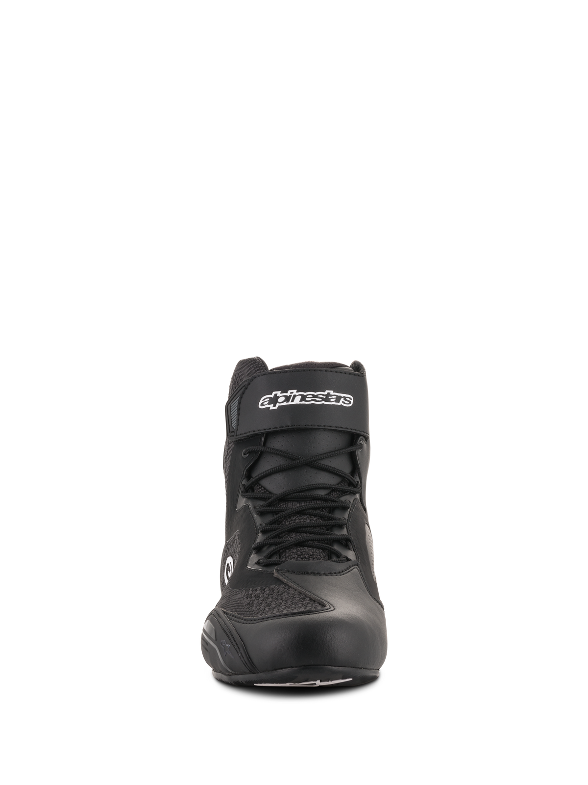 Alpinestars Faster-3 Rideknit® Schuhe, Motorradschuhe, Schwarz, Frontansicht, mit Klettverschluss am Knöchel und weißem Branding, Schnürsenkeln und atmungsaktiven Strick-Mesh-Einsätzen, elegantes Schuhwerk für die Straße