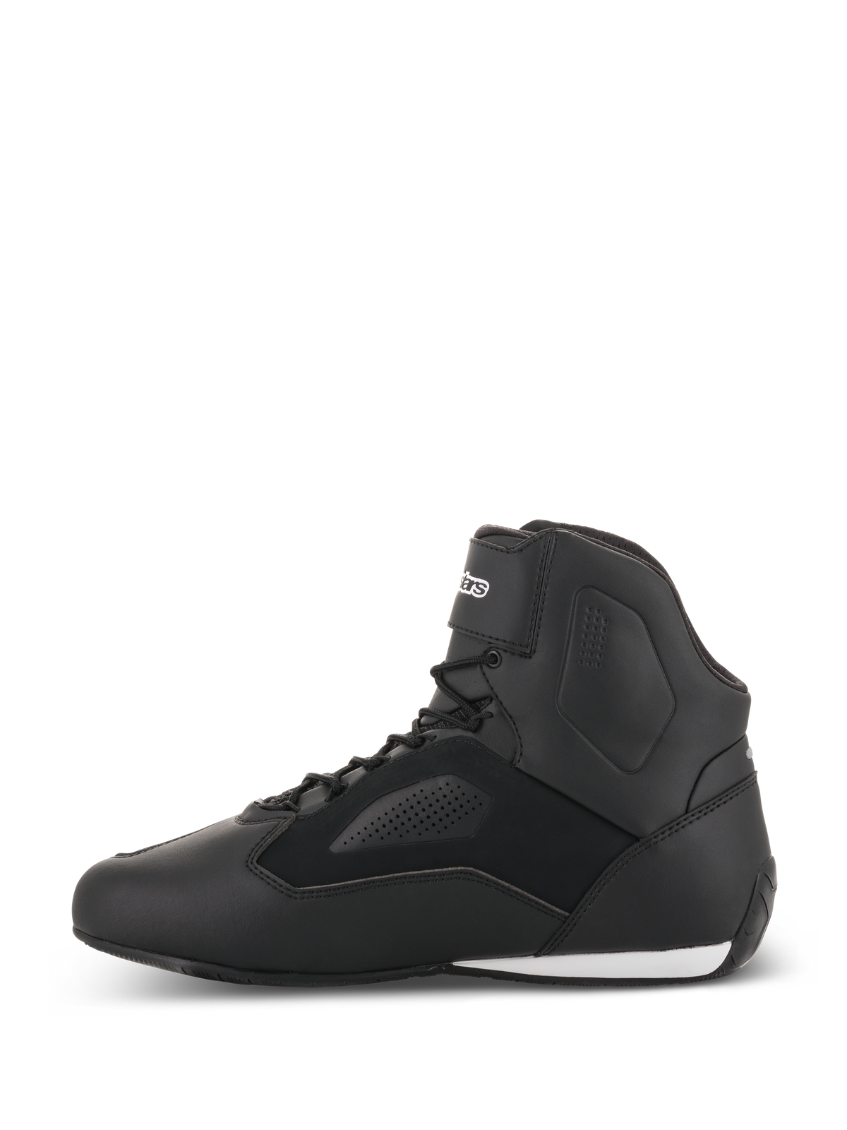 Alpinestars Faster-3 Rideknit® Schuhe, Motorradschuhe, Schwarz, Seitenansicht, leichtes Mikrofaser-Obermaterial mit perforierten Einsätzen, Schnürverschluss mit sicherem Knöchelriemen, schlankes Straßenrenn-Design