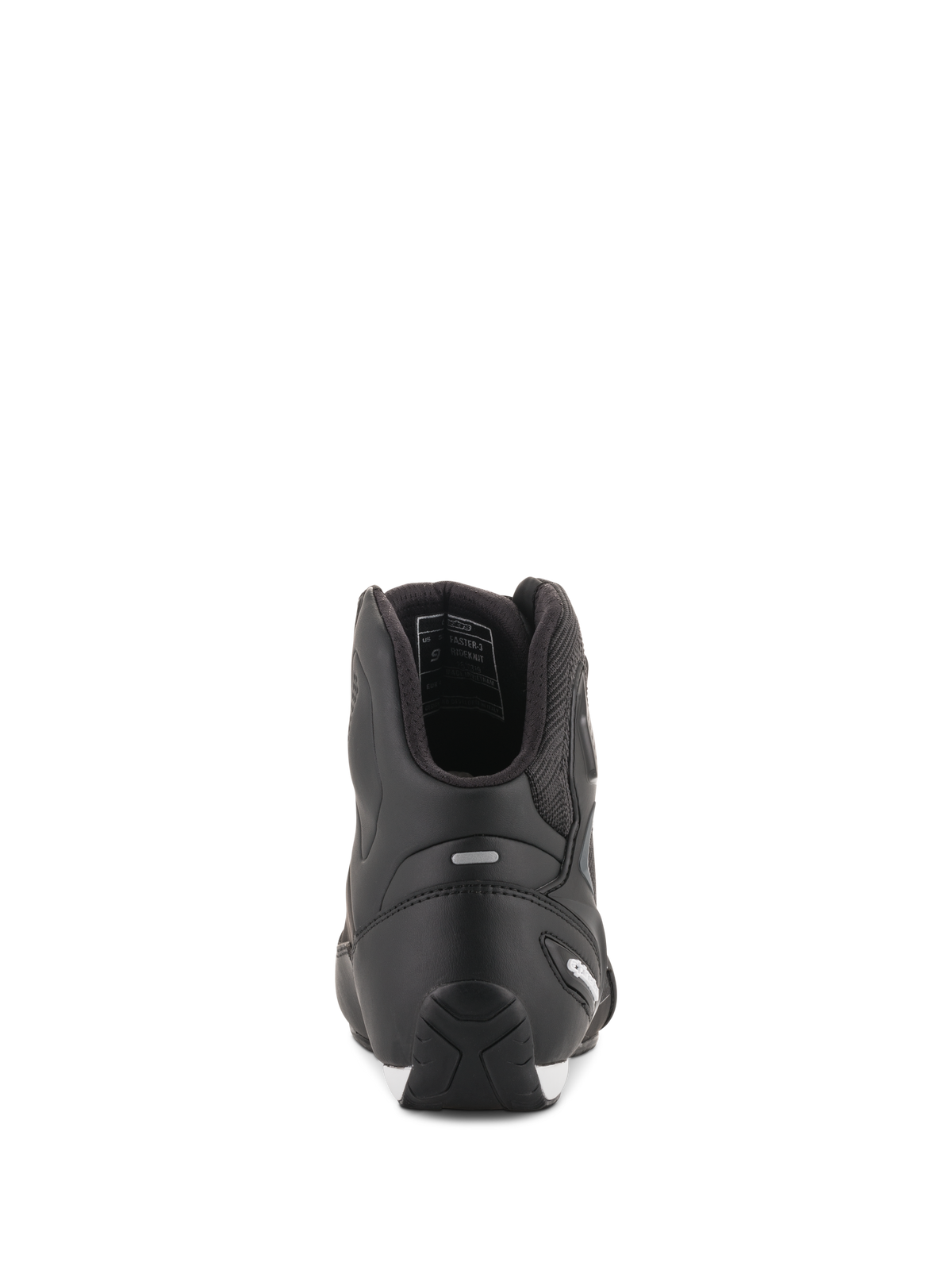 Alpinestars Faster-3 Rideknit® Schuhe, schwarze Motorradschuhe, Rückansicht mit TPR-Fersenkappe und Mikrofaser-Konstruktion, elegantes und schützendes Schuhwerk für den Straßenrennsport