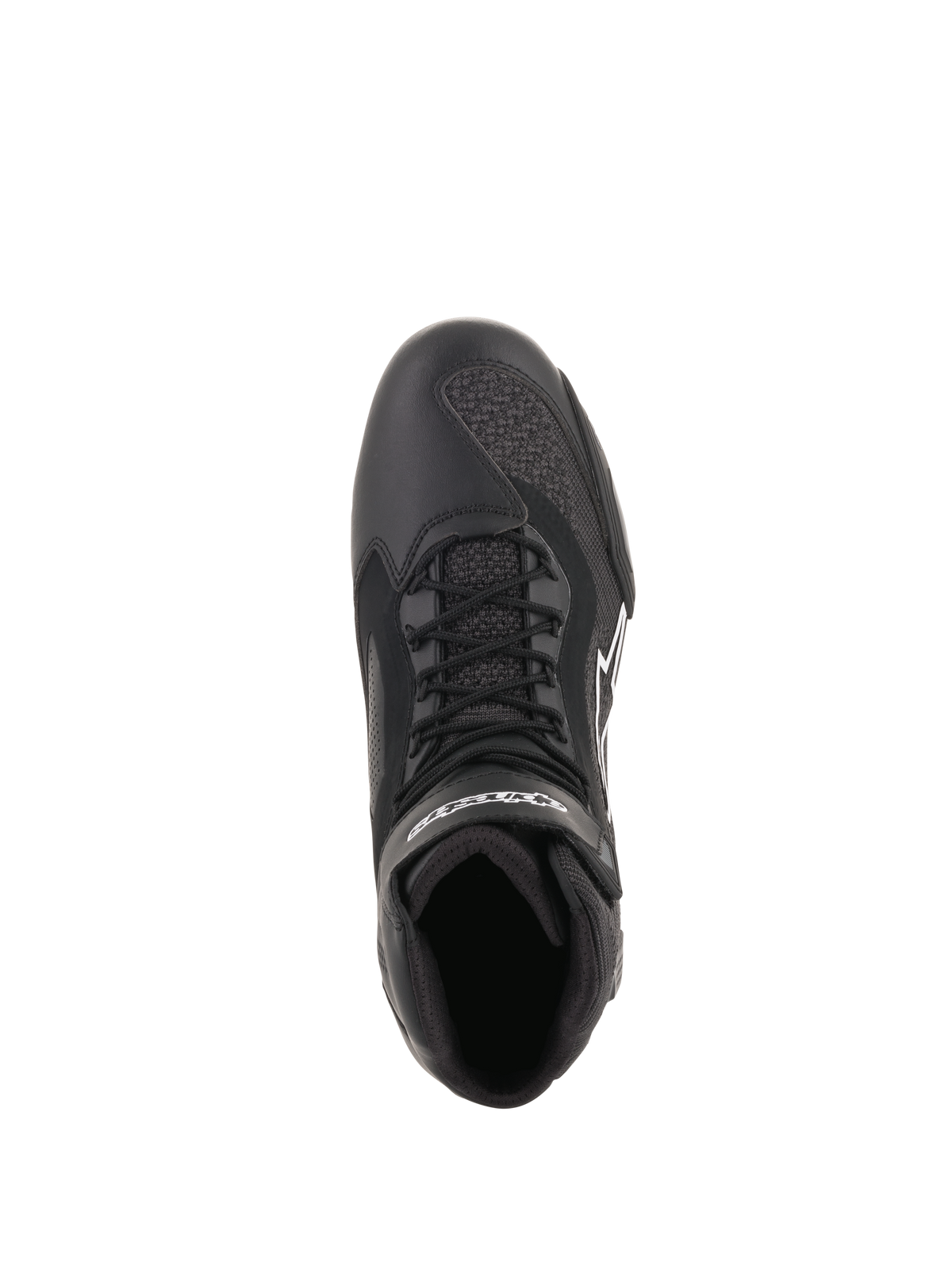 Alpinestars Faster-3 Rideknit® Schuhe, Schwarz, Draufsicht zeigt Schnürsenkel und atmungsaktive Mesh-Einsätze, leichte Mikrofaser- und Strickkonstruktion, leistungsstarkes Motorradschuhwerk