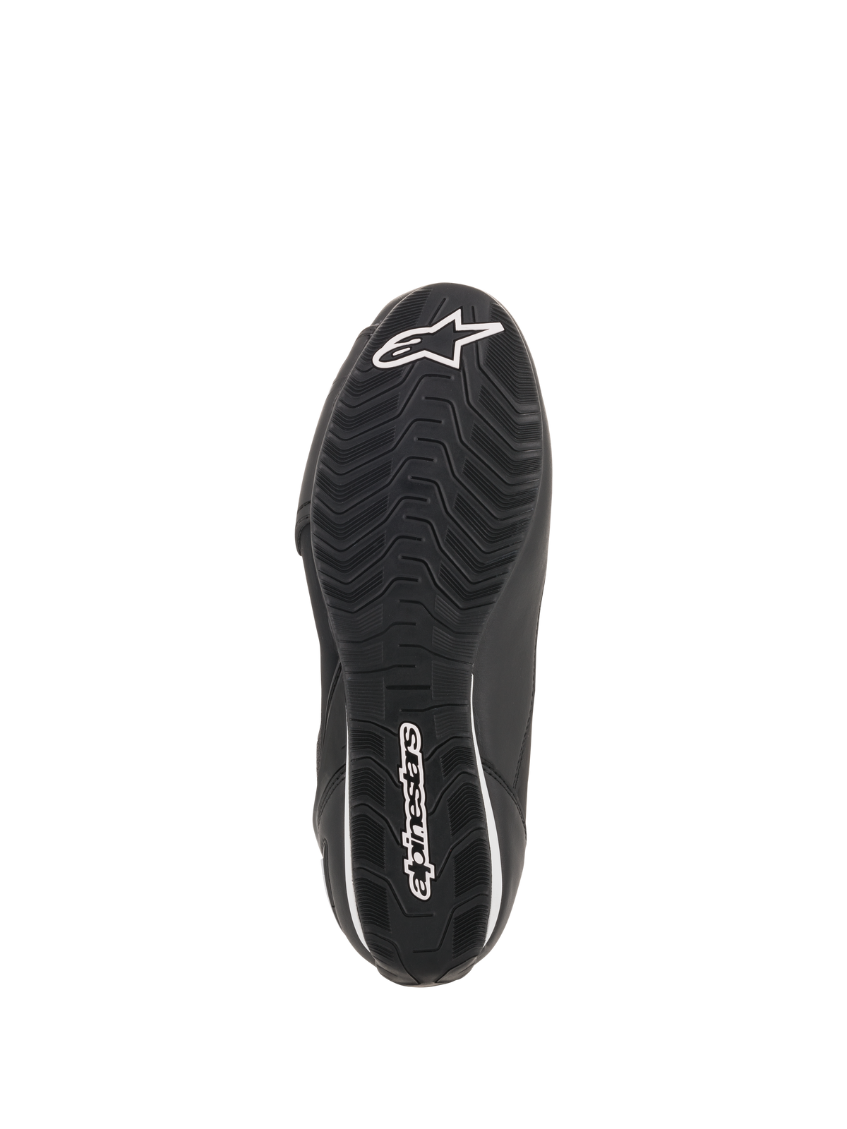 Alpinestars Faster-3 Rideknit® Schuhe, Schwarz, Unteransicht der Sohle mit strukturiertem Wellenprofil, weißem Alpinestars Logo und Markenschriftzug, Performance-Motorradschuh