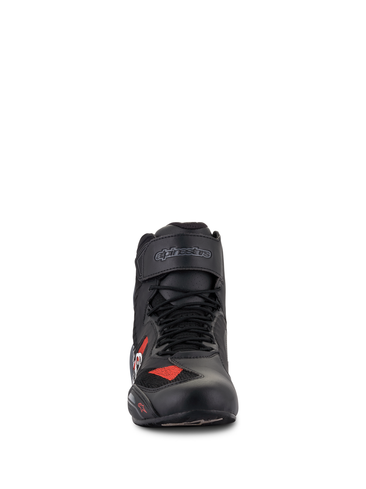 Alpinestars Faster-3 Rideknit® Schuhe, Motorradschuhe, Schwarz Grau und Hellrot, Vorderansicht mit schwarzen Schnürsenkeln und Klettverschlussriemen mit Logo, Konstruktion aus leichter Mikrofaser und atmungsaktivem Mesh, sportliches Design für Straßenfahrten
