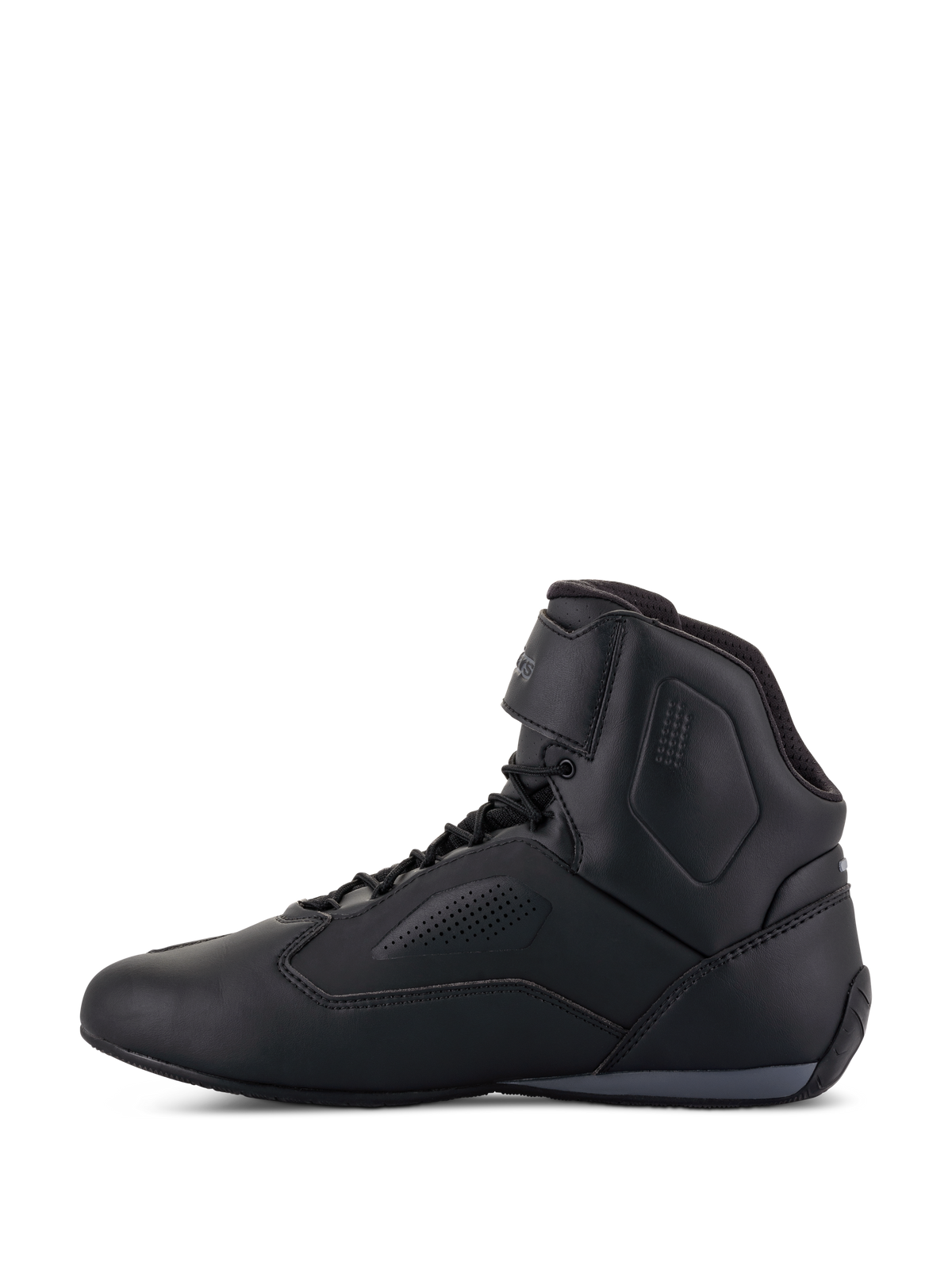 Alpinestars Faster-3 Rideknit® Schuhe, Motorradschuhe, Schwarz, Seitenansicht, schlankes Mikrofaser-Obermaterial mit perforierten Belüftungseinsätzen, Schnürverschluss mit Klettverschluss-Knöchelriemen, sportliches, vom Straßenrennsport inspiriertes Design