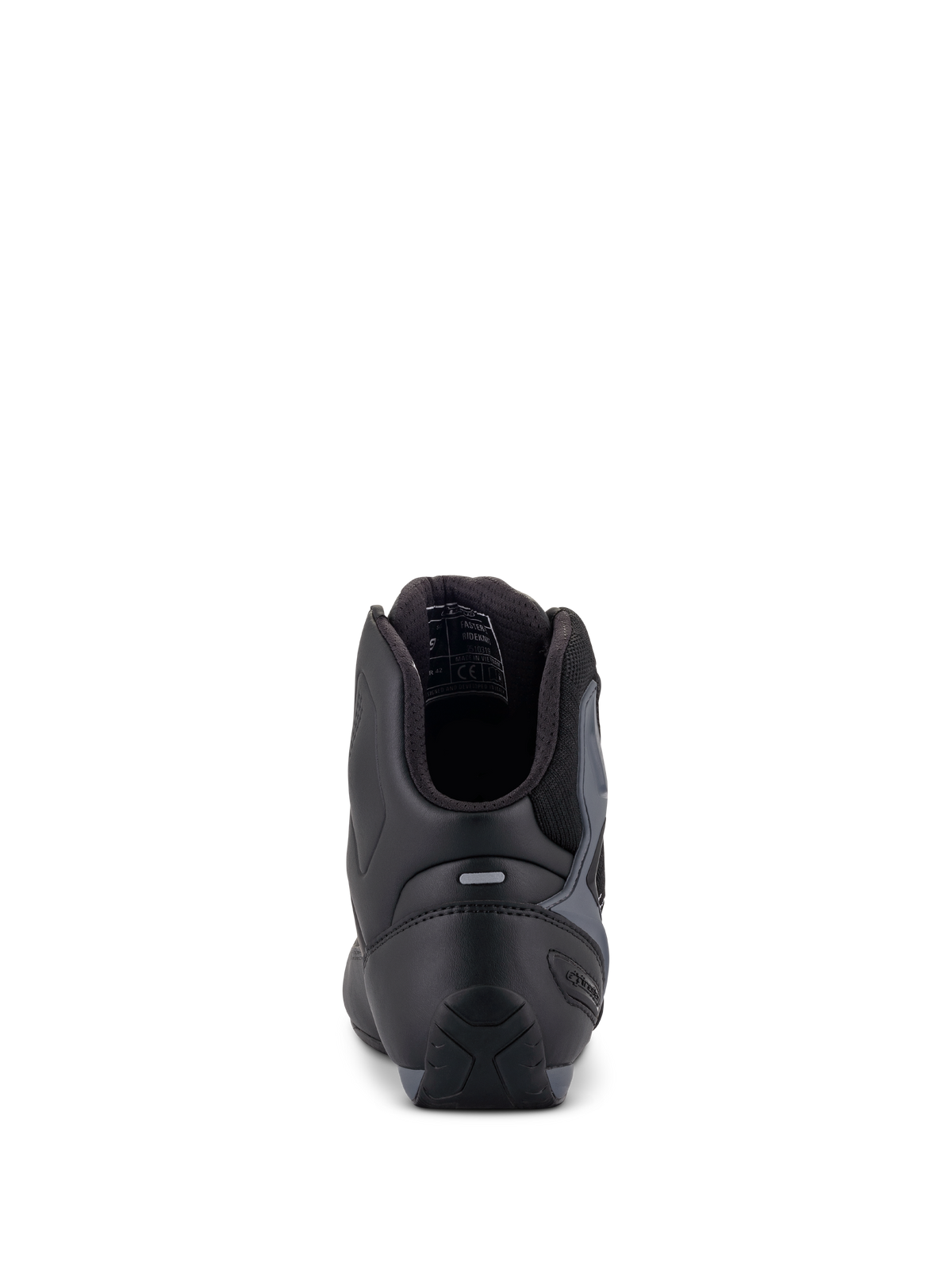 Alpinestars Faster-3 Rideknit® Schuhe, Motorradschuhe, Schwarz Grau und Hellrot, Rückansicht mit TPR-Fersenkappe und gepolstertem Kragen, schlanke Konstruktion aus Mikrofaser und Textil