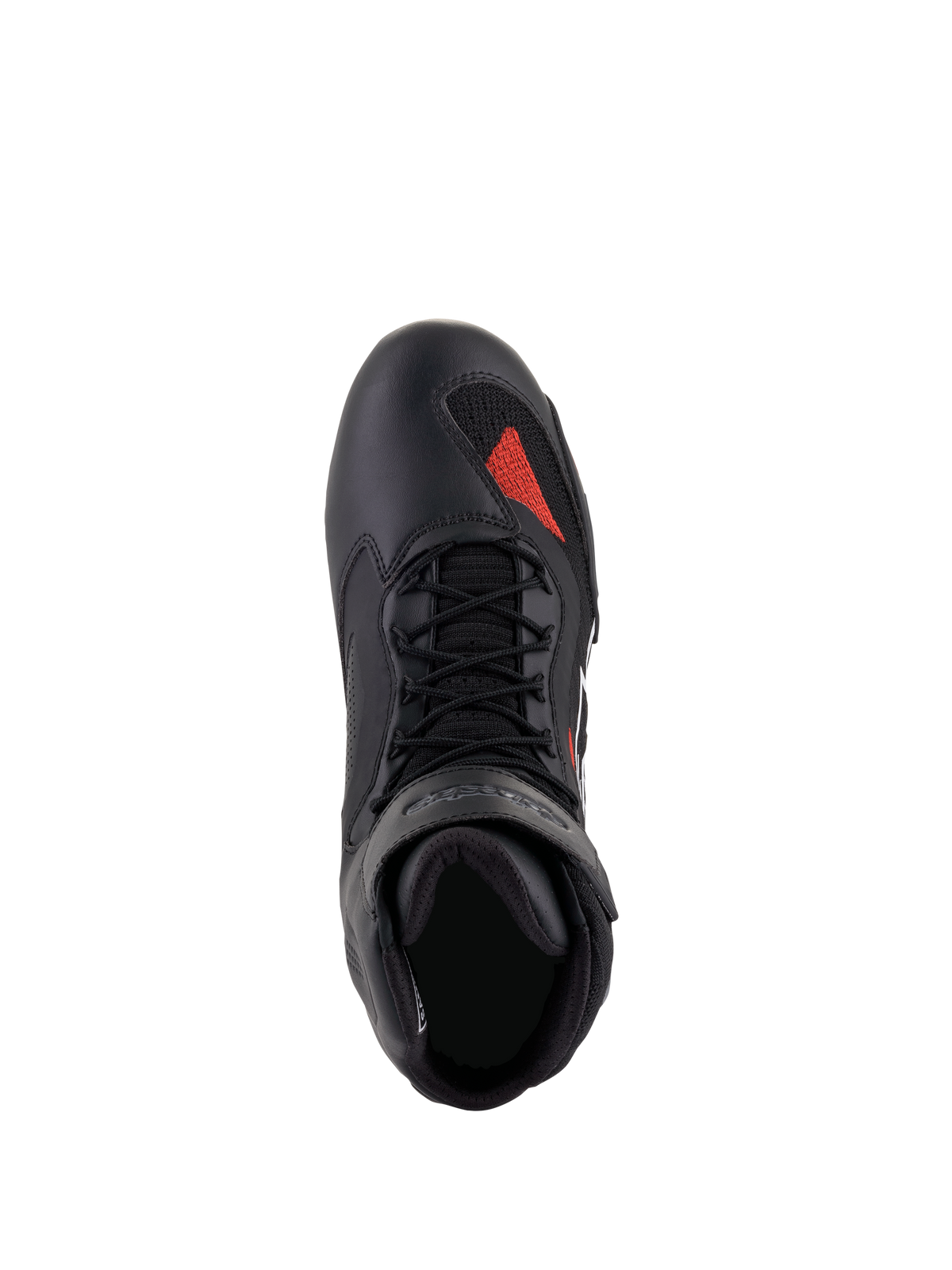 Alpinestars Faster-3 Rideknit® Schuhe, Schwarz Grau Hellrot, Draufsicht, mit schwarzem Mikrofaser-Chassis und rotem Strick-Akzent im Zehenbereich, schwarzen Schnürsenkeln und gepolstertem Kragen, technische Motorradschuhe