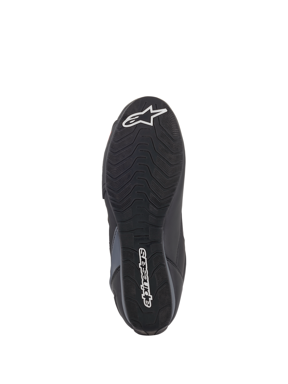 Alpinestars Faster-3 Rideknit® Schuhe, Sohlenansicht, schwarze Gummiaußensohle mit wellenförmigem Traktionsmuster, mit weißem Alpinestars-Schriftzug und Stern-Logo, zeigt Grip-Details für das Motorradfahren