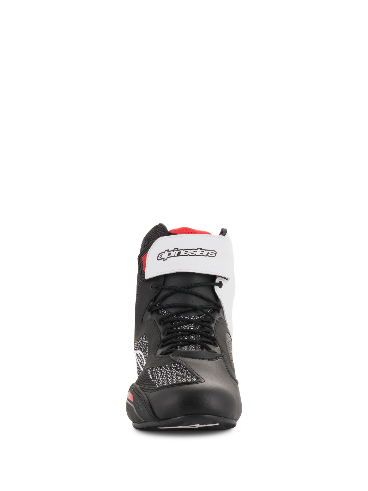 Alpinestars Faster-3 Rideknit® Schuhe, Schwarz, Weiß und Rot, Vorderansicht, mit schwarzen Schnürsenkeln und weißem Klettverschluss-Knöchelriemen mit Branding, atmungsaktives Mesh- und Mikrofaser-Obermaterial, Performance-Motorradschuh