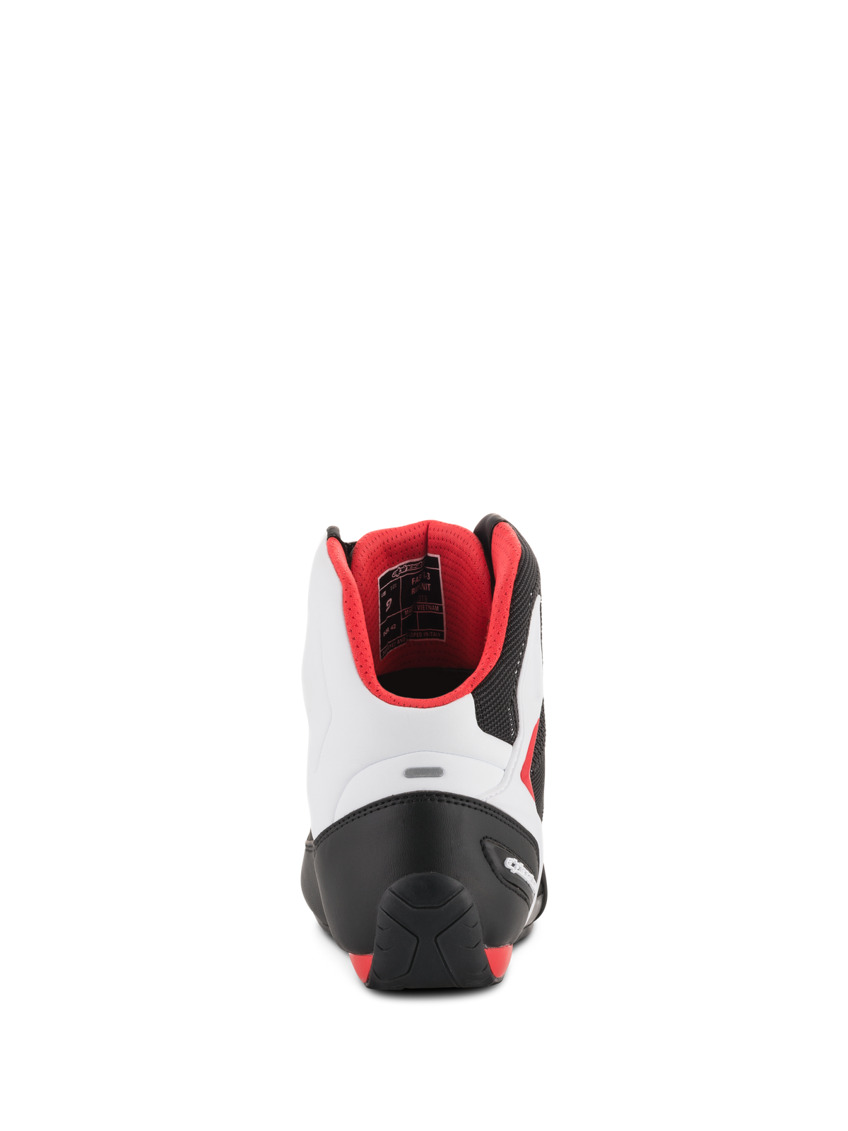 Alpinestars Faster-3 Rideknit® Schuhe, Motorradschuhe, Schwarz, Weiß und Rot, Rückansicht mit der TPR-Fersenkappe und rotem Mesh-Innenfutter, sportliches Road-Racing-Design mit einem Mikrofaser-Chassis