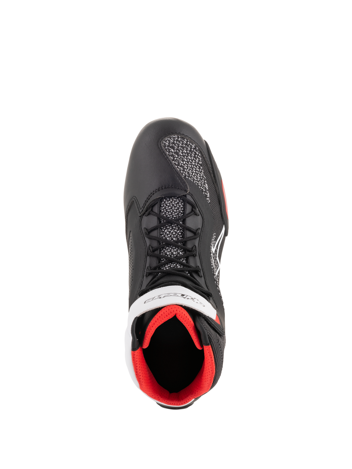 Alpinestars Faster-3 Rideknit® Schuhe, Motorradschuhe, Schwarz, Weiß und Rot, Draufsicht mit schwarzer Mikrofaser-Konstruktion, atmungsaktiven gestrickten Mesh-Einsätzen, weißem Alpinestars-Branding und einem leuchtend roten Innenfutter