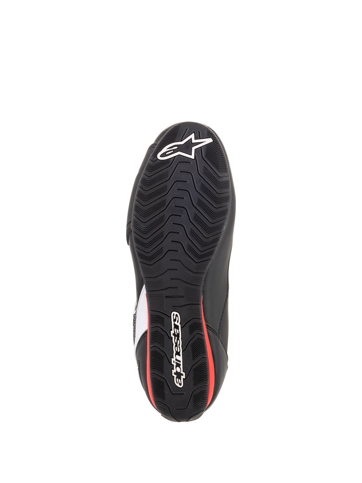 Alpinestars Faster-3 Rideknit® Schuhe, Unteransicht der Sohle, Schwarz und Rot, strukturierte Gummilaufsohle mit weißem Alpinestars Stern und Wortmarken-Logo, Motorradschuhe für Straßenfahrten