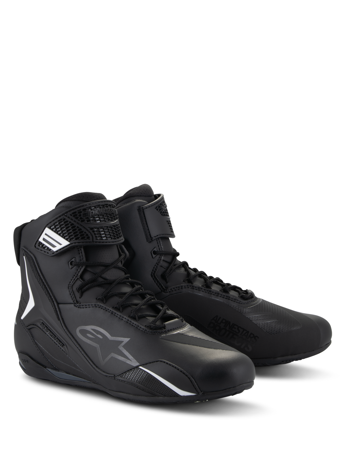 Alpinestars Faster-4 Schuhe, Motorradschuhe, Schwarz, High-Top-Design mit Schnürung und Klettverschlussriemen, mit weißen und grauen Logos, schlanke Mikrofaser-Konstruktion für den Straßeneinsatz