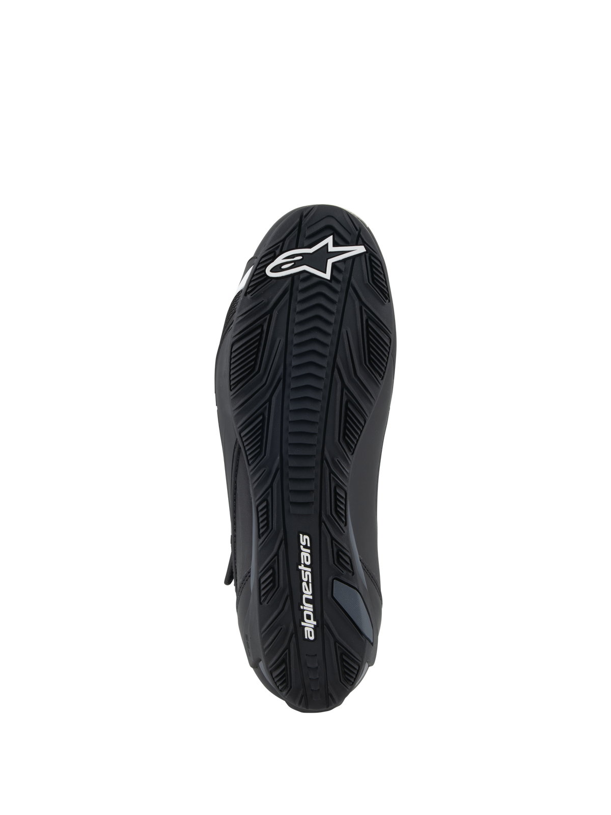 Alpinestars Faster-4 Schuhe, Schwarz, Unteransicht der Gummilaufsohle mit strukturierten Grip-Mustern, weißes Alpinestars-Logo im Vorderfußbereich und Branding an der Ferse, Performance-Motorradschuh