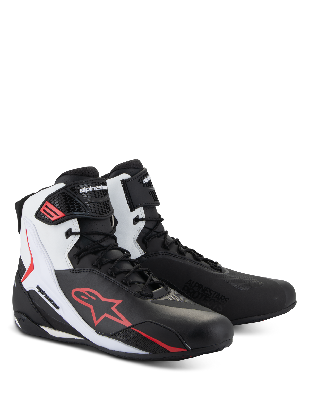 Alpinestars Faster-4 Schuhe, Motorradschuhe, Schwarz, Weiß und Rot, technisches Schuhwerk für die Straße mit fortschrittlichem Mikrofaser-Obermaterial, Schnürverschluss mit Klettverschluss-Knöchelriemen, markantem rotem Alpinestars-Logo und schützenden TPR-Slidern.