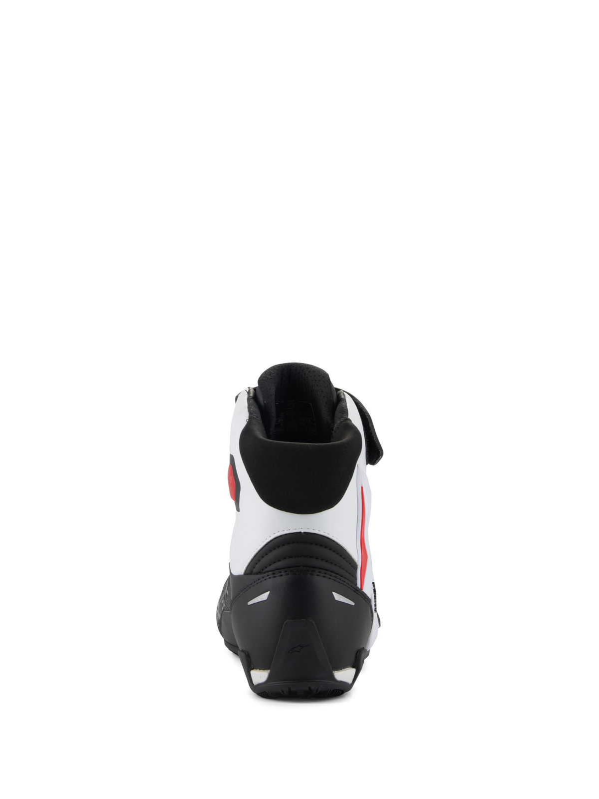 Alpinestars Faster-4 Schuhe, Rückansicht, Schwarz, Weiß und Rot, mit schwarzer TPR-Fersenkappe, weißem Mikrofaser-Obermaterial mit roten Akzenten und schwarzem gepolstertem Kragen, Performance-Motorradschuhe