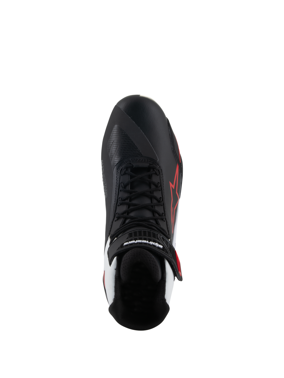Alpinestars Faster-4 Schuhe, Motorradschuhe, Schwarz Weiß Rot, Draufsicht mit schwarzen Schnürsenkeln und Klettverschluss am Knöchel, rotes Alpinestars Stern-Logo an der Außenseite, weiße Akzente an der Ferse, asymmetrisches Zehendesign zum Schalten.