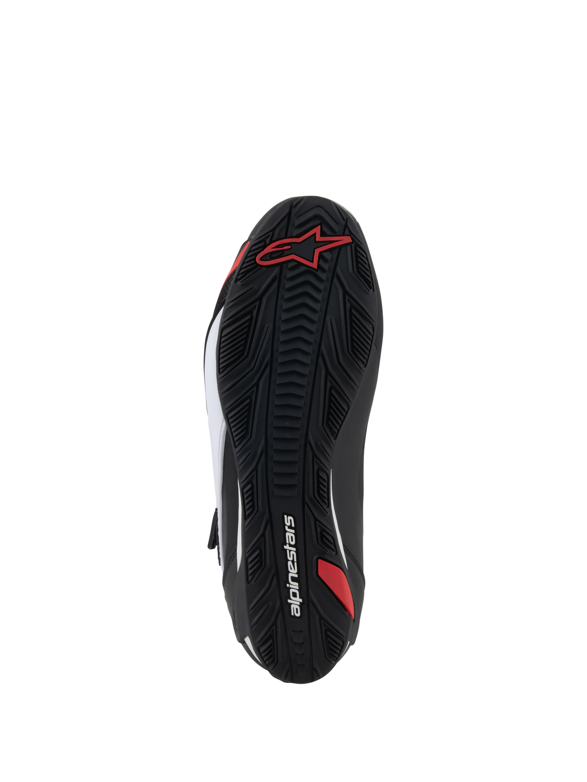 Alpinestars Faster-4 Schuhe, Motorradschuhe, Sohlenansicht, schwarzer Gummi mit strukturiertem Profilmuster, rotes Alpinestars-Logo und weißes Branding, entwickelt für Straßen- und Sportfahrten