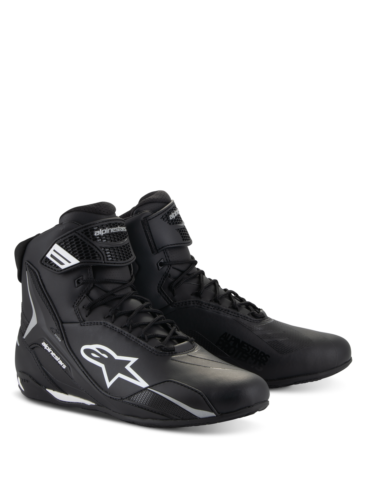 Alpinestars Stella Faster-4 Shoes, Women's Motorcycle Riding Shoes, Black with White accents, high-top sporty design with lace-up closure and hook-and-loop ankle strap, durable microfiber construction with protective side logos