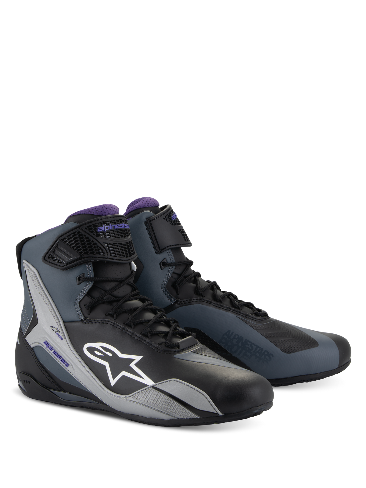 Alpinestars Stella Faster-4 Damen-Motorradschuhe, Schwarz Grau Violett, technisches High-Top-Design mit Schnürsenkeln.
