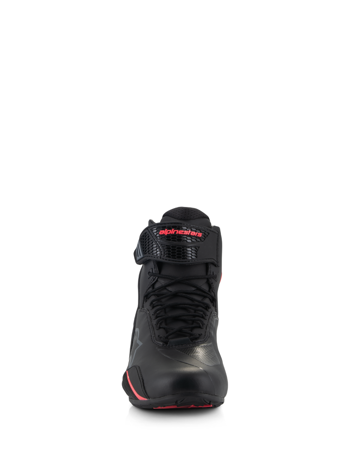 Alpinestars Stella Faster-4 Damenschuhe, Motorrad-Fahrschuhe für Damen, Schwarz und Diva Pink, Frontansicht mit schwarzen Schnürsenkeln, verstellbarem Knöchelriemen mit pinkfarbenem Logo und eleganter Mikrofaser-Konstruktion