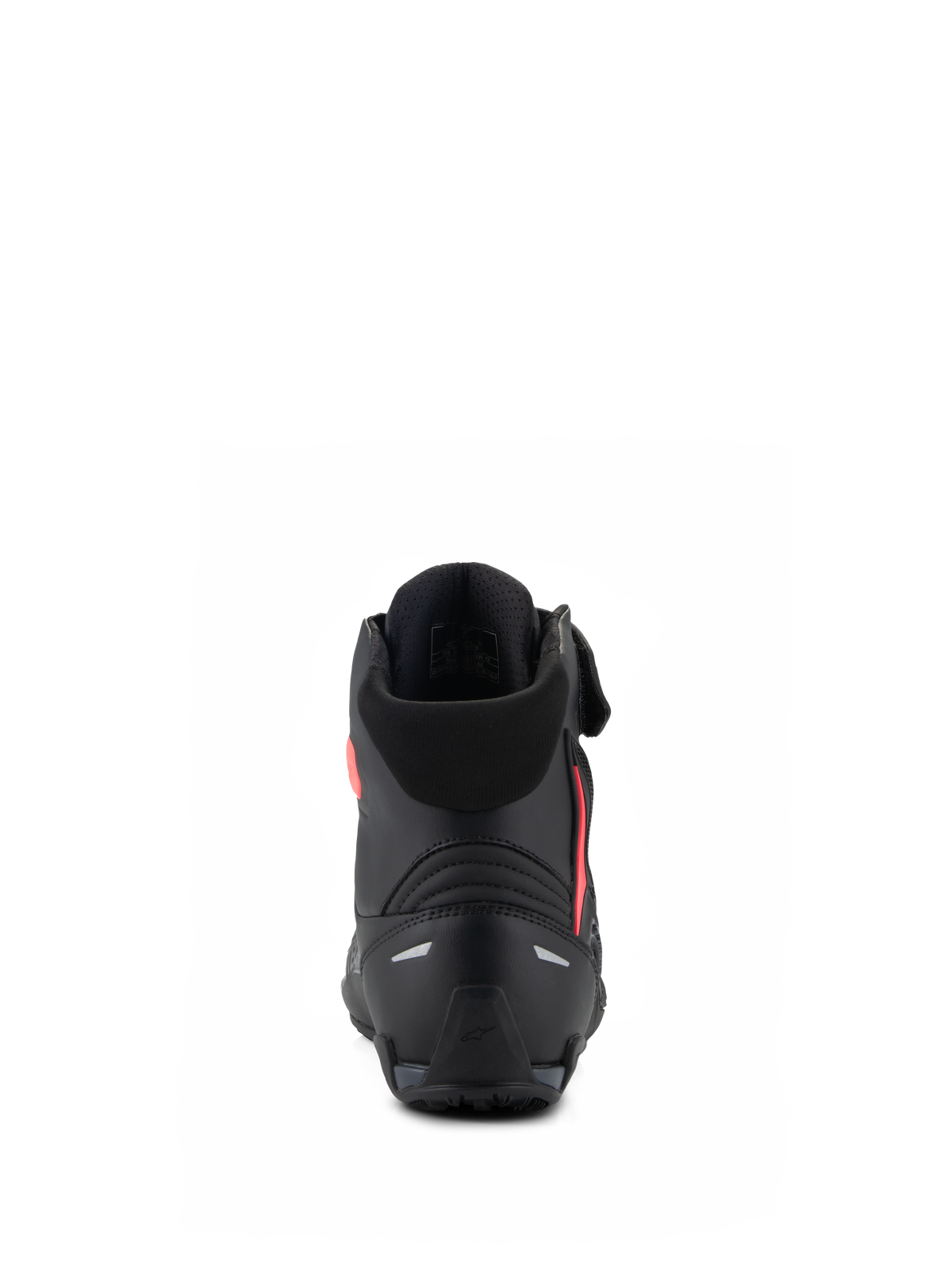 Alpinestars Stella Faster-4 Damenschuhe, Schwarz und Diva Pink, Rückansicht mit Fokus auf die verstärkte Fersenkappe, den weichen Textilkragen und das ergonomische Design für Performance-Motorradfahrten.