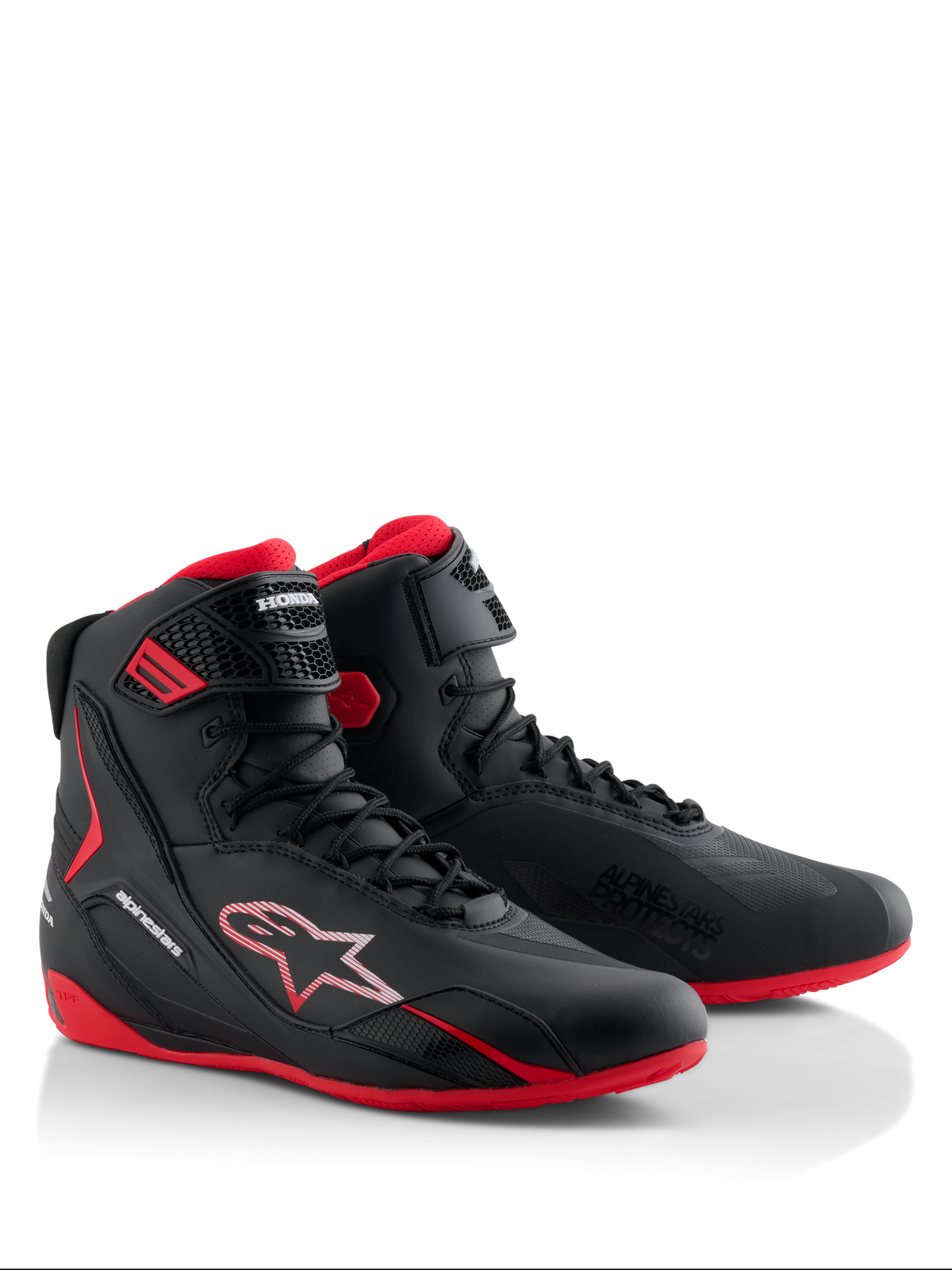 Alpinestars Honda Faster-4 Schuhe, Motorradschuhe, Schwarz und Rot, schlankes High-Top-Design mit Schnürverschluss und Knöchelriemen, mit roten Sohlen sowie Alpinestars und Honda Branding.