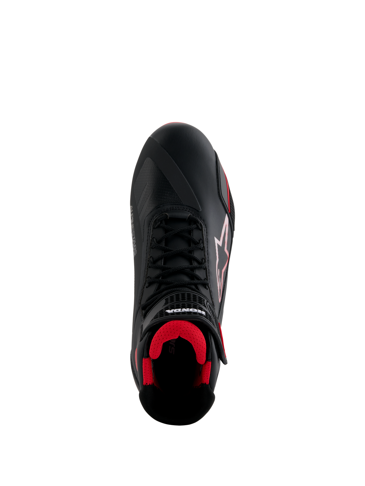 Alpinestars Honda Faster-4 Schuhe, Motorradschuhe, Schwarz und Rot, Draufsicht mit schwarzem Mikrofaser-Obermaterial, rotem Mesh-Innenfutter, traditionellen schwarzen Schnürsenkeln sowie Alpinestars- und Honda-Branding