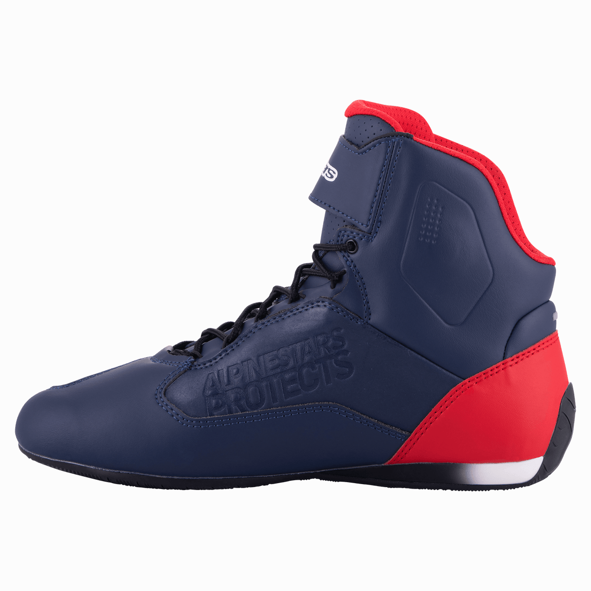 Alpinestars Austin Riding Shoe, Night Navy and Bright Red, profile view showing the navy blue microfiber upper with red heel and collar accents, black laces, 'Alpinestars Protects' embossed branding, high-top motorcycle riding footwear