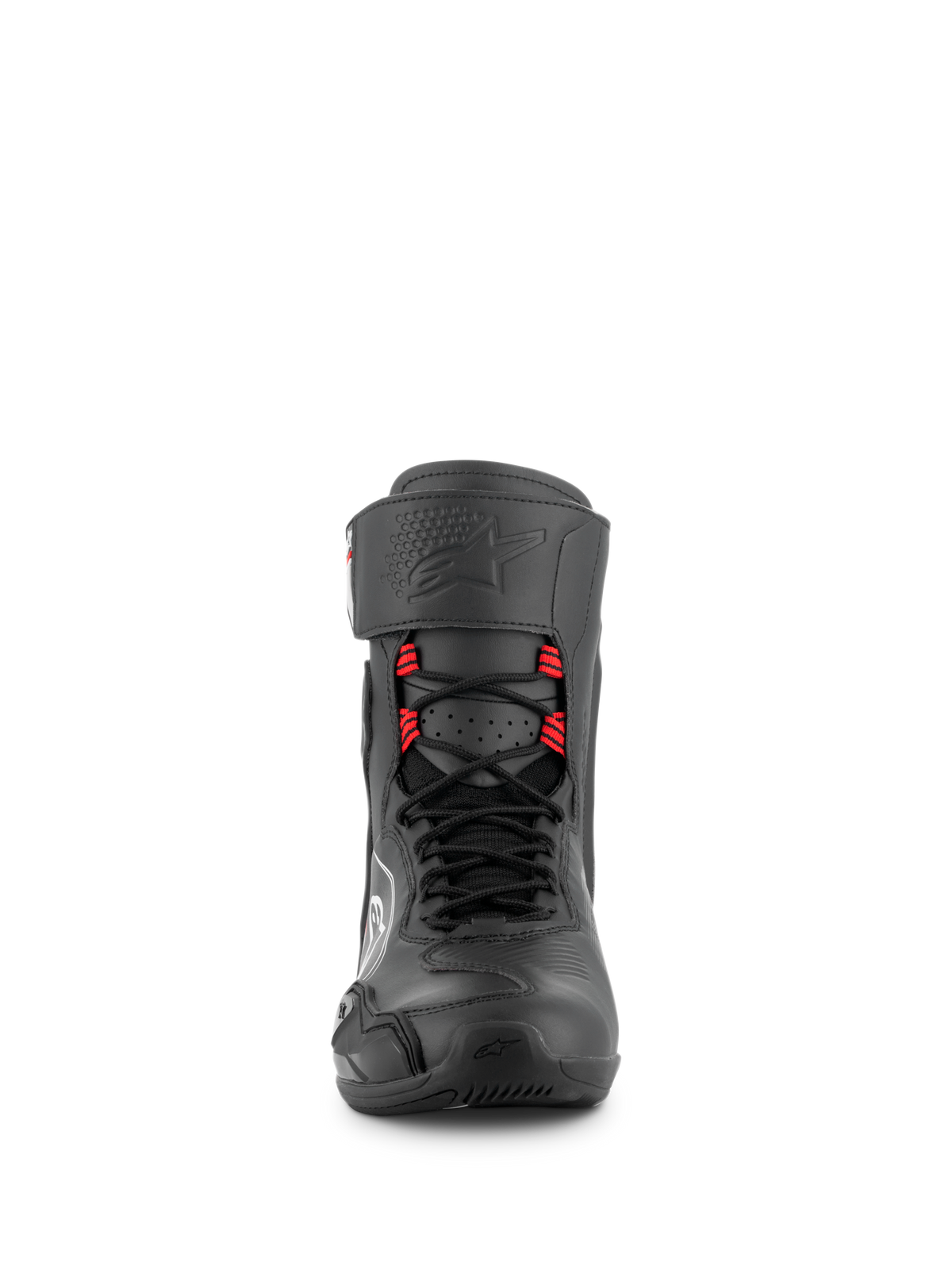 Alpinestars Superfaster Shoes, motorcycle riding shoes in Black Gray and Bright Red, front view showing speed laces with red loops, tall protective profile with ankle strap, reinforced toe, and technical design for road and sport performance