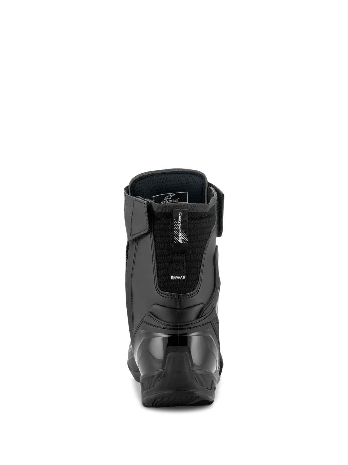 Alpinestars Superfaster Shoes, Black Gray Bright Red, rear view showing the reinforced TPU heel counter and Achilles extension, technical high-top motorcycle riding shoe with microfiber panels.