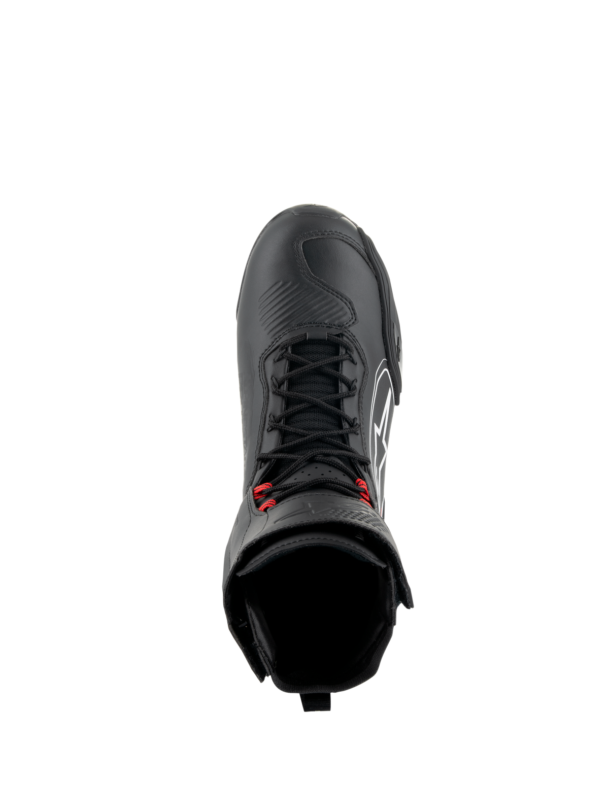 Alpinestars Superfaster Shoes, Black/Gray/Bright Red motorcycle riding shoes, top-down view showing black speed laces with red accents, reinforced toe box and tall ankle collar, technical footwear for road and sport riding