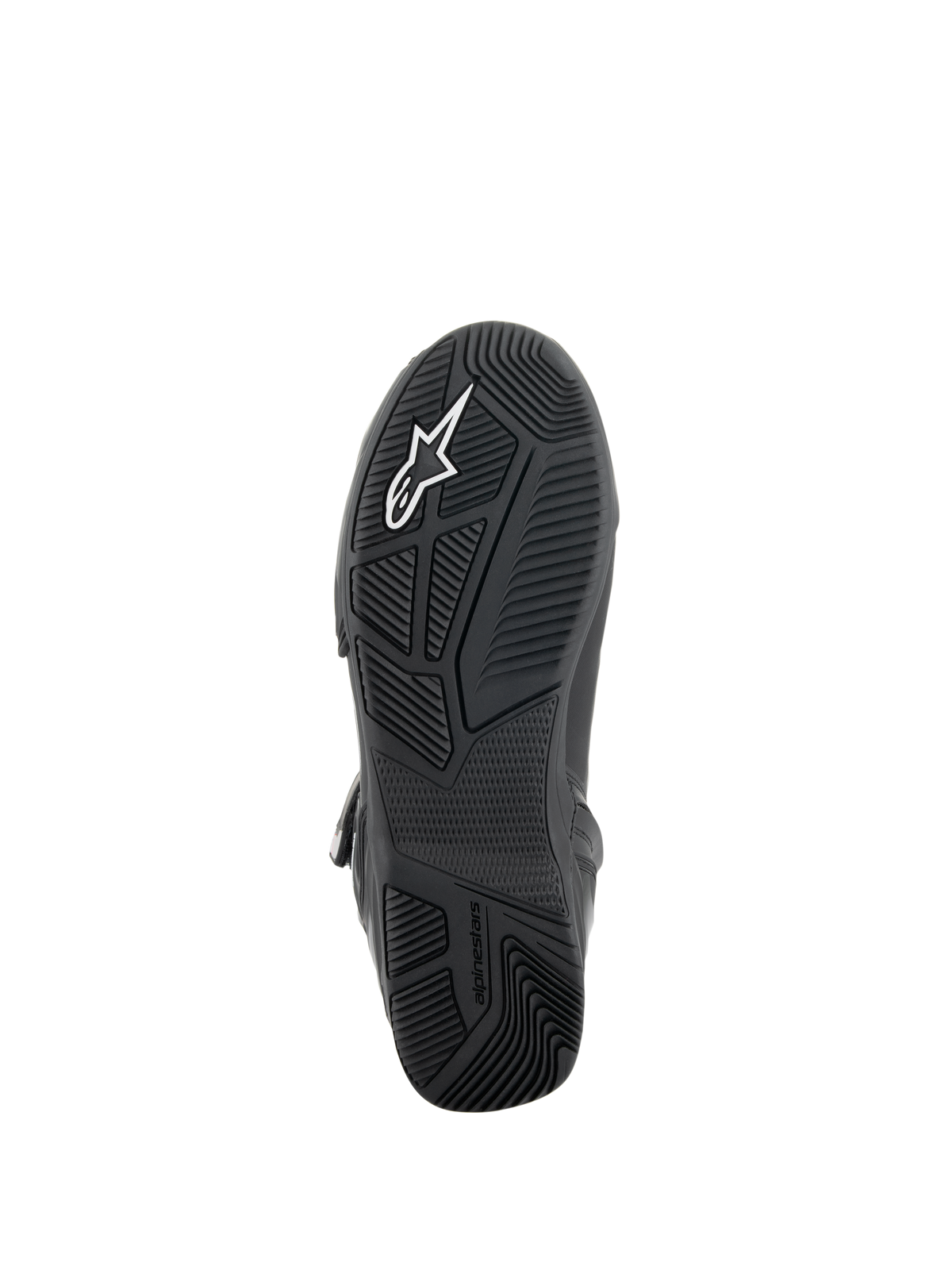 Alpinestars Superfaster Shoes, Black/Gray/Bright Red, bottom view of the black rubber sole featuring an engineered tread pattern for grip, TPF protection frame integration, and white Alpinestars logo.