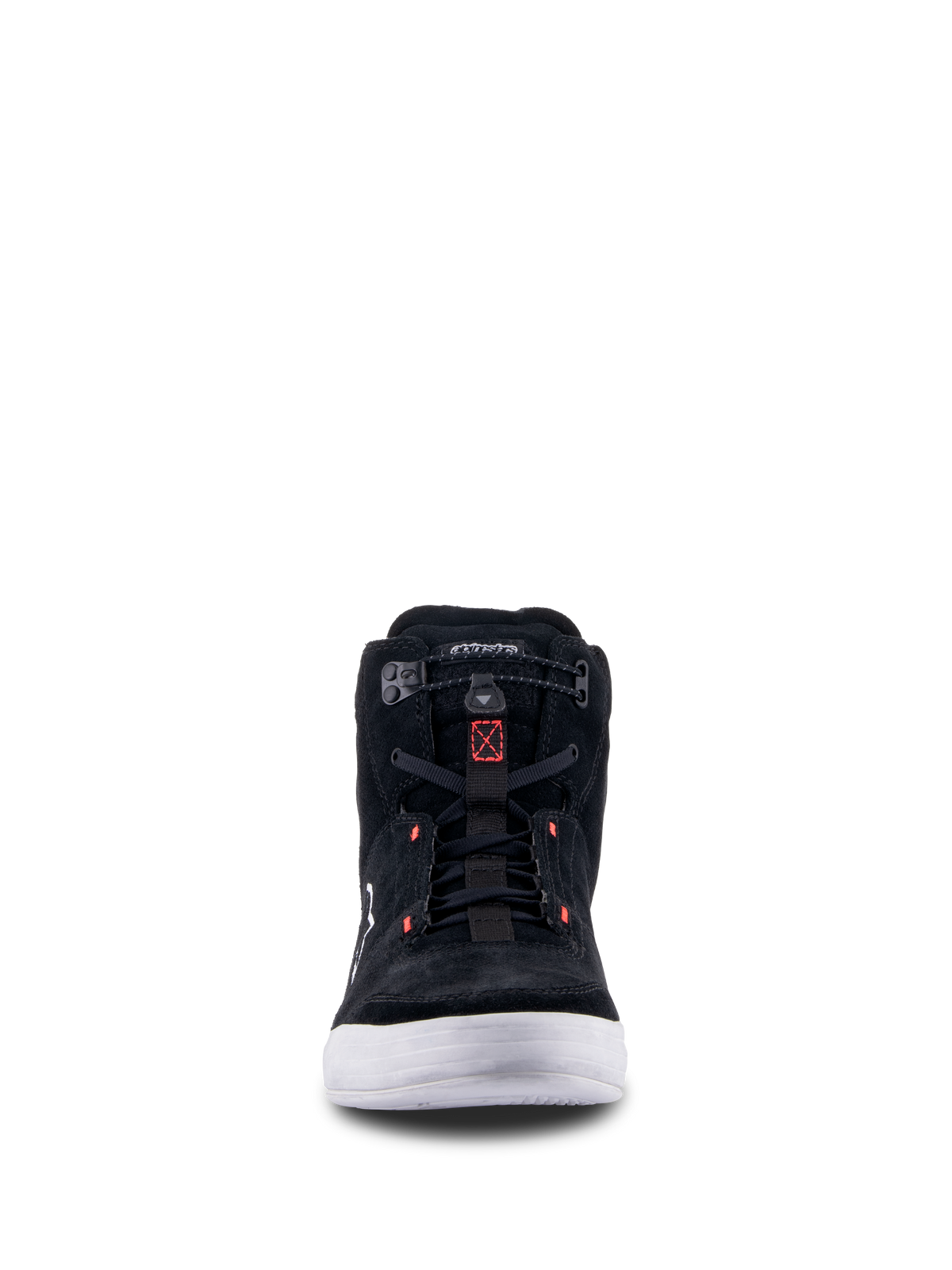 Alpinestars Chrome Schuhe, Schwarz Cool Gray Rot Fluo, Vorderansicht eines urbanen Motorradschuhs mit Spaltwildleder-Konstruktion, weißer Sohle und elastischem Verschluss mit roten Akzenten.
