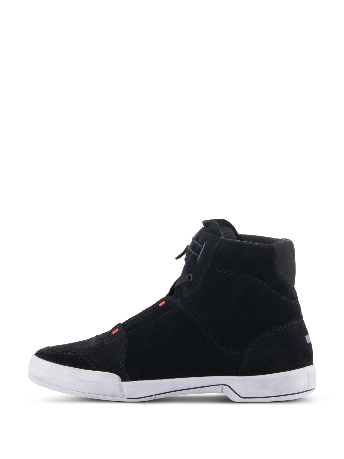 Alpinestars Chrome Schuhe, Motorradschuhe, Schwarz und Cool Gray mit Red Fluo, Seitenprofil-Ansicht mit Spaltwildleder-Konstruktion und weißer Gummisohle, lässige Sneaker-Silhouette für urbanes Fahren