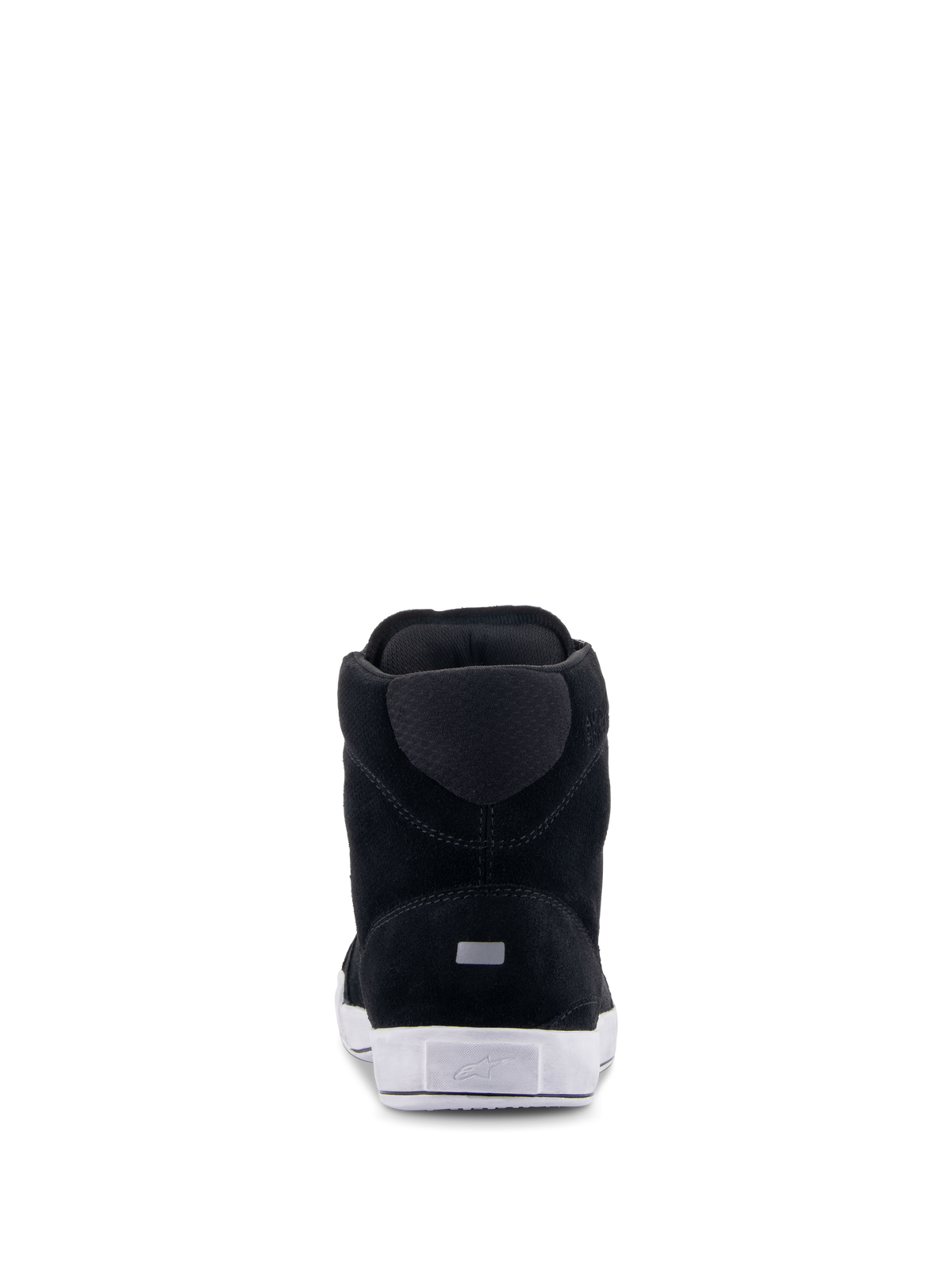 Alpinestars Chrome Schuhe, Urbane Motorrad-Fahrschuhe, Schwarz und Weiß, Rückansicht mit Spaltwildleder-Konstruktion, weißer Gummisohle mit Fersenlogo und kleinem reflektierenden rechteckigen Detail