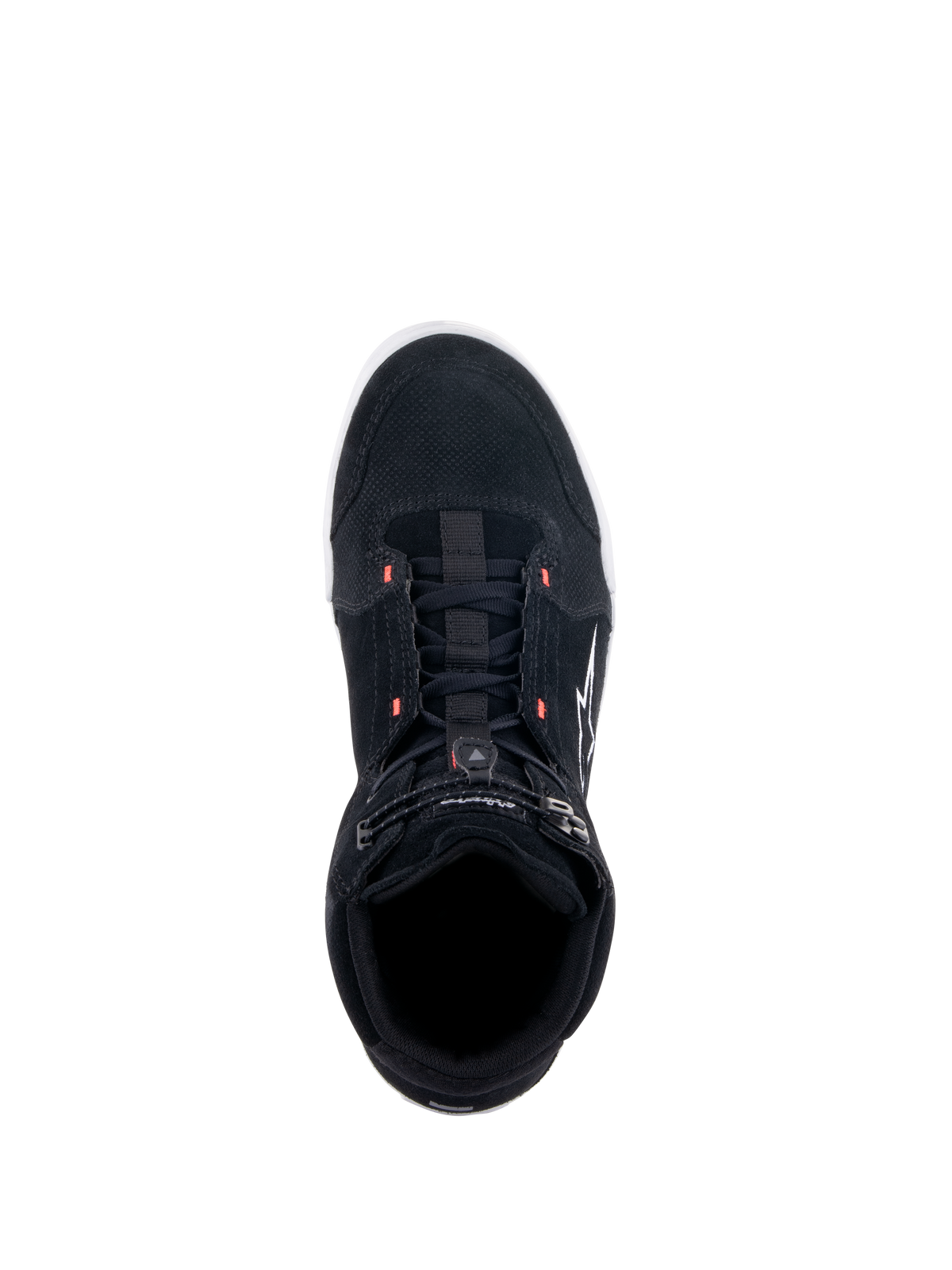 Alpinestars Chrome Schuhe, schwarze Motorradschuhe, Draufsicht mit Obermaterial aus Spaltwildleder und neonroten Akzenten, lässiger urbaner Stil mit elastischem Verschluss oben und weißem Logo an der Seite.