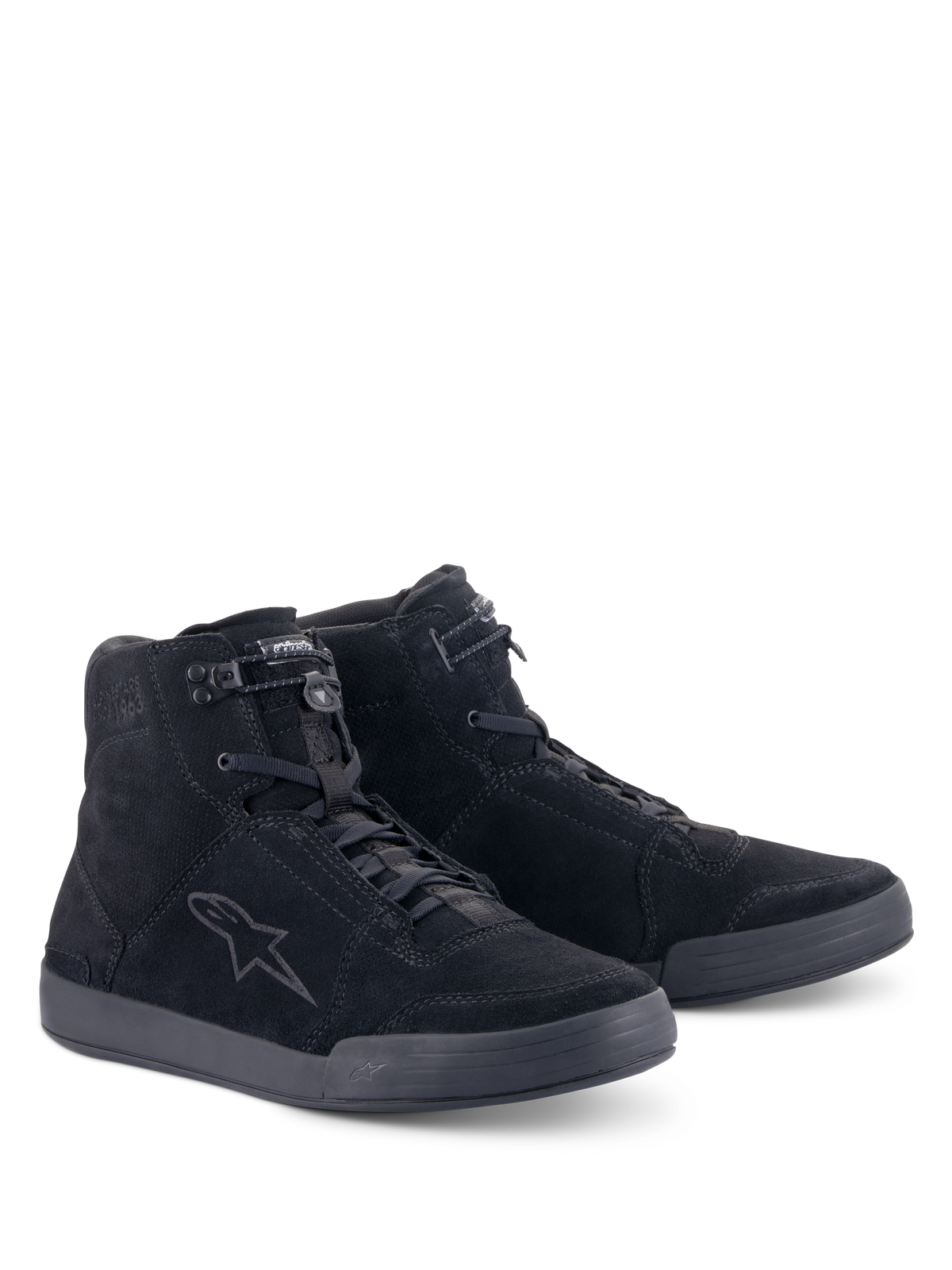 Alpinestars Chrome Shoes, Urban Motorcycle Riding Shoes, Black Black, high-top split suede construction, featuring a tonal star logo on the side, lace-up front with elasticated top closure, and a flat rubber sole for a casual street-ready look.