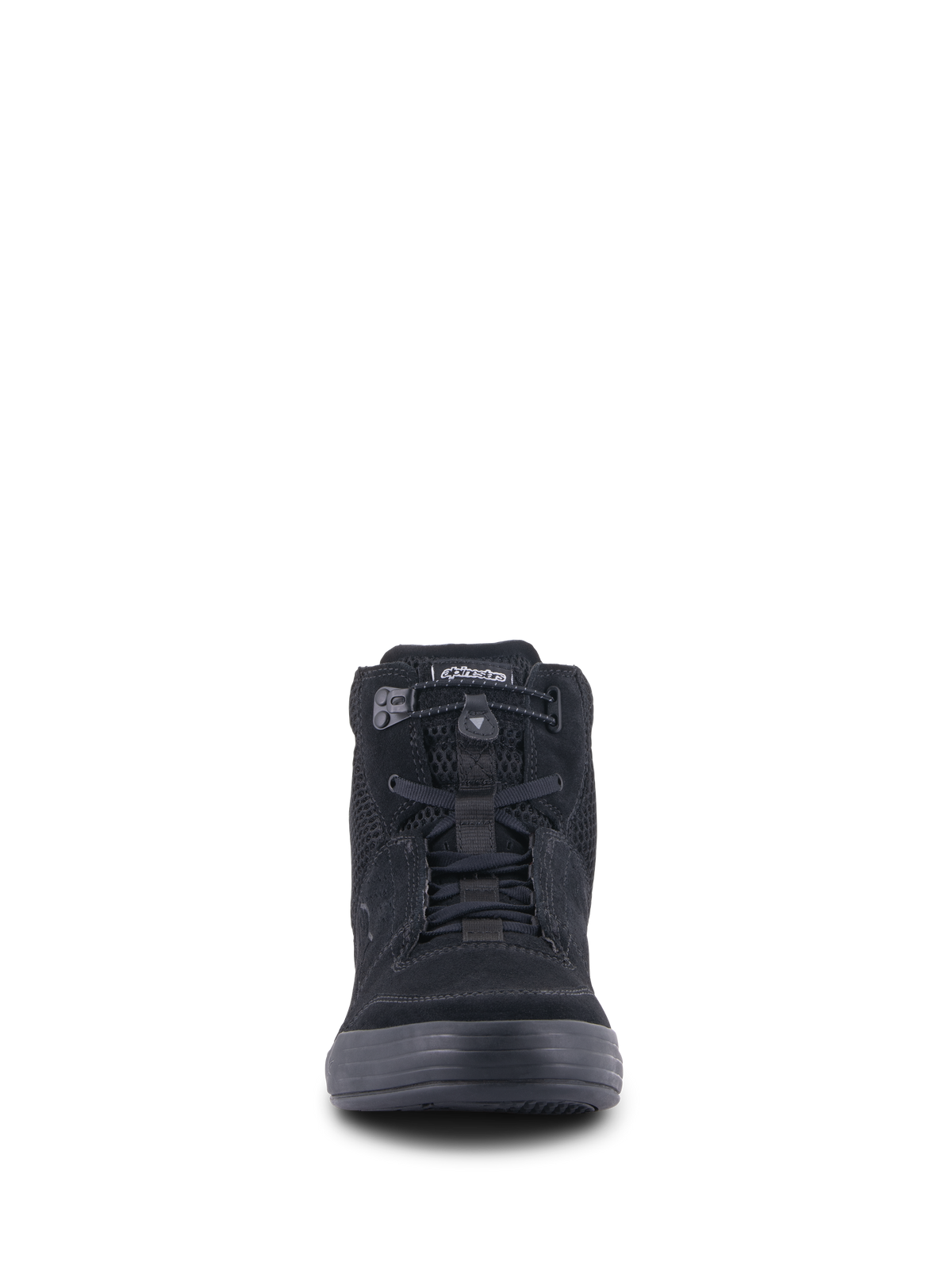 Alpinestars Chrome Air Schuh, urbaner Motorradschuh, Schwarz, Vorderansicht mit Obermaterial aus Spaltleder und Mesh, elastischem Schnürverschluss und lässigem High-Top-Sneaker-Design
