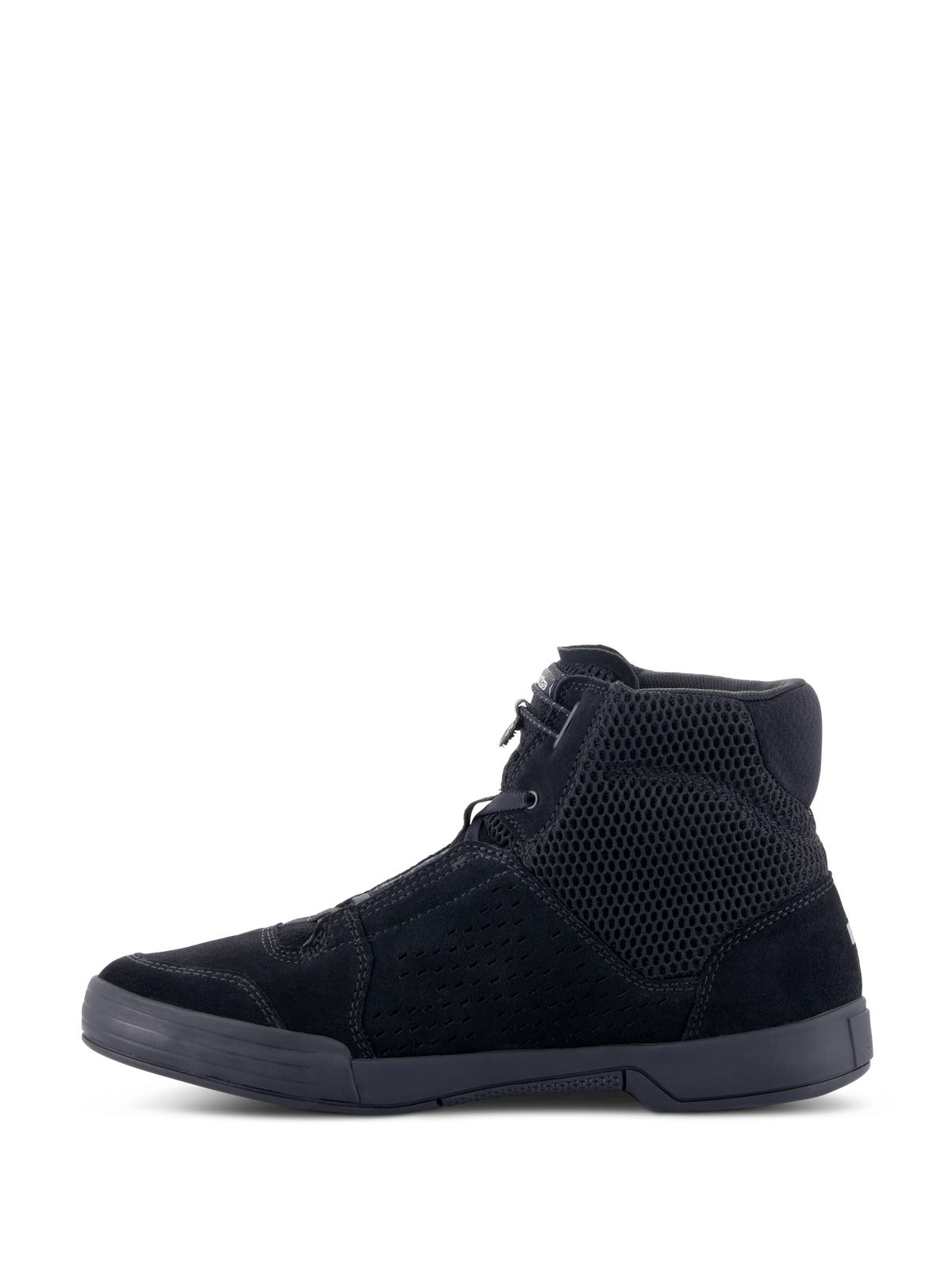Alpinestars Chrome Air Schuh, urbaner Motorradschuh, Schwarz/Schwarz, Seitenansicht, High-Top-Sneaker-Design aus atmungsaktivem Mesh und Spaltleder, flache Gummisohle