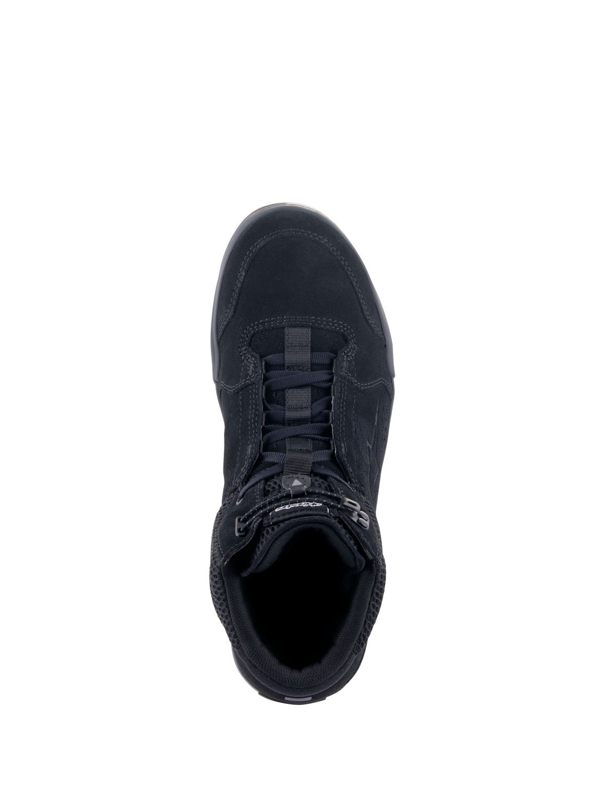 Alpinestars Chrome Air Schuh, urbaner Motorradschuh, Schwarz, Draufsicht zeigt Obermaterial aus Spaltleder und Mesh, Schnürsystem mit elastischem Verschluss, lässiges Sneaker-Design für den Stadtverkehr