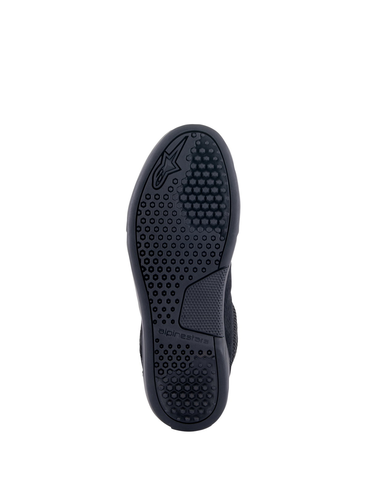 Alpinestars Chrome Air Schuh, Schwarz, Unteransicht der Laufsohle mit detailliertem hexagonalem Profilmuster, geprägtem Alpinestars-Logo und Branding, strapazierfähige Gummisohle für urbanes Motorradfahren