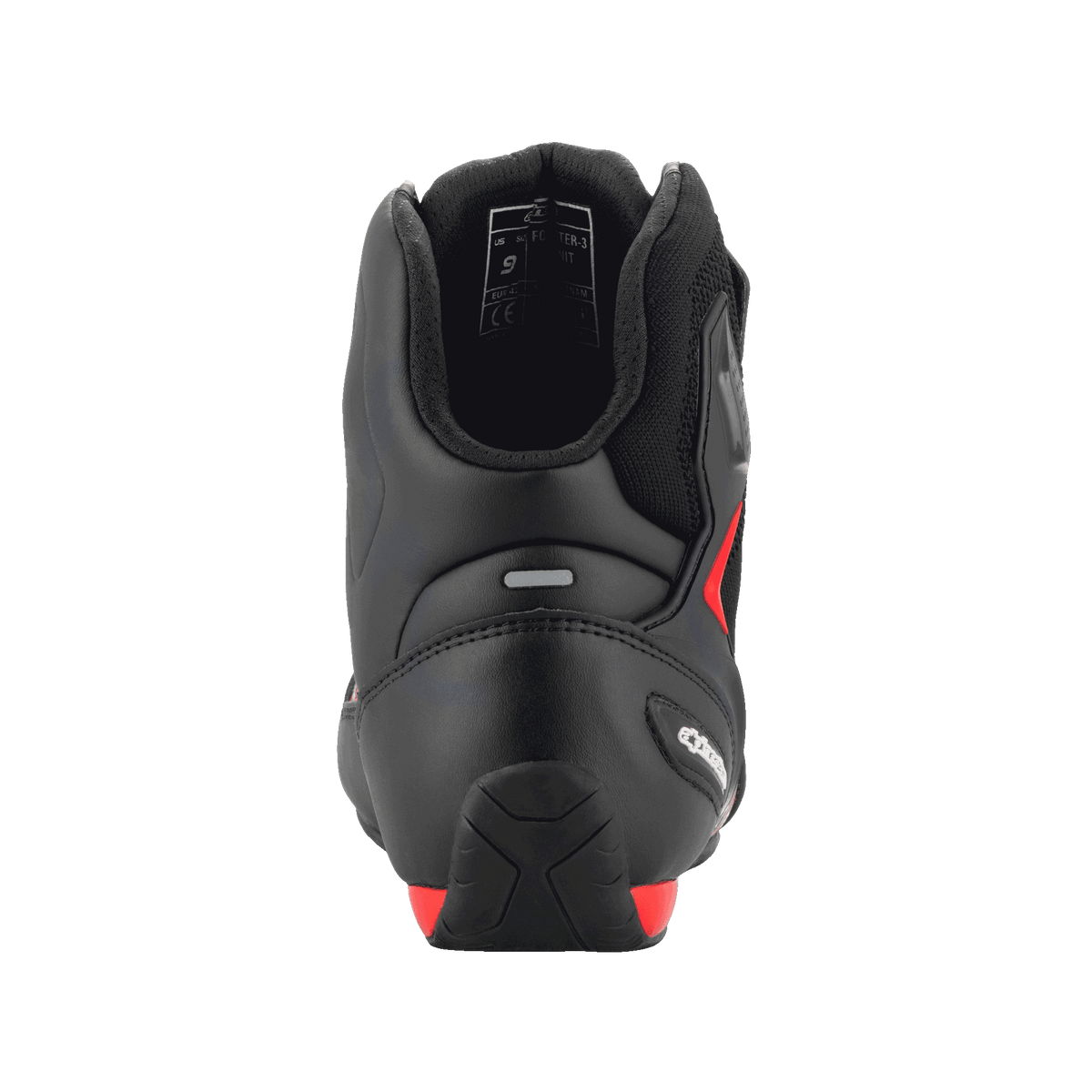 Alpinestars FQ20 Faster-3 Rideknit® Schuhe, Schwarz und leuchtendes Rot, Rückansicht mit Fokus auf die konturierte Fersenkappe, den Reflexstreifen und den gepolsterten Knöchelbereich, technisches Motorrad-Schuhwerk