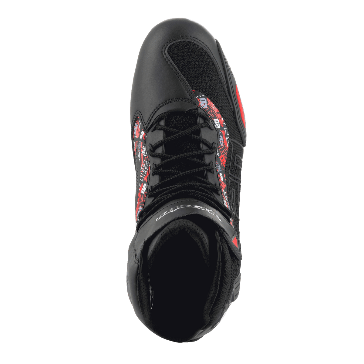Alpinestars FQ20 Faster-3 Rideknit® Schuhe, Draufsicht, Schwarz und leuchtendes Rot, sportliches Design mit Schnürung und atmungsaktivem Mesh, rote und weiße Grafikakzente an den Seiten, urbaner Sport-Motorradschuh