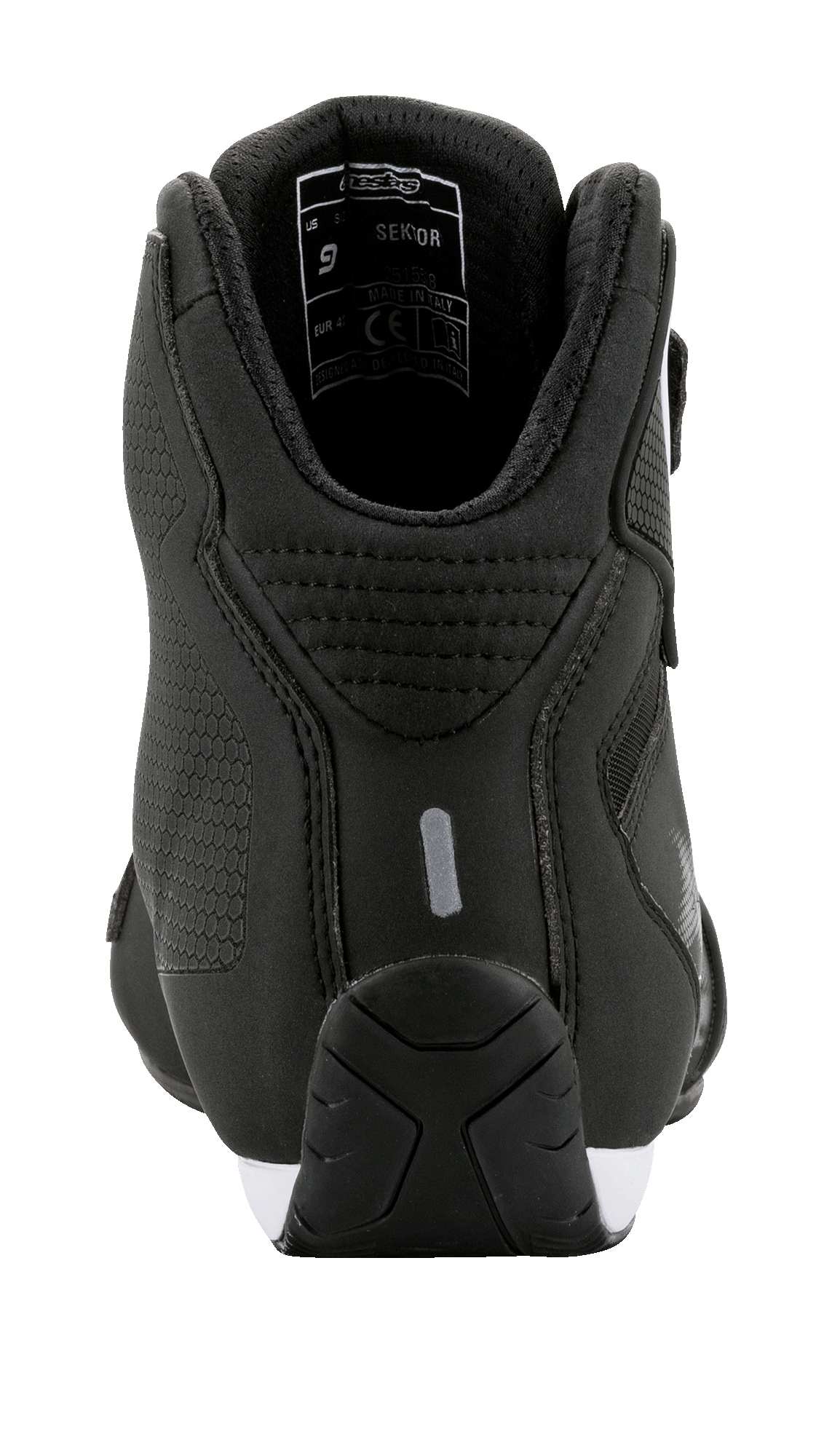 Alpinestars Sektor Schuhe, Rückansicht, Schwarz mit weißen Akzenten, leichte Mikrofaser-Konstruktion, eine reflektierende Fersenlasche und ein gepolsterter Knöchelkragen, schlankes, vom Motorsport inspiriertes Motorradschuhwerk