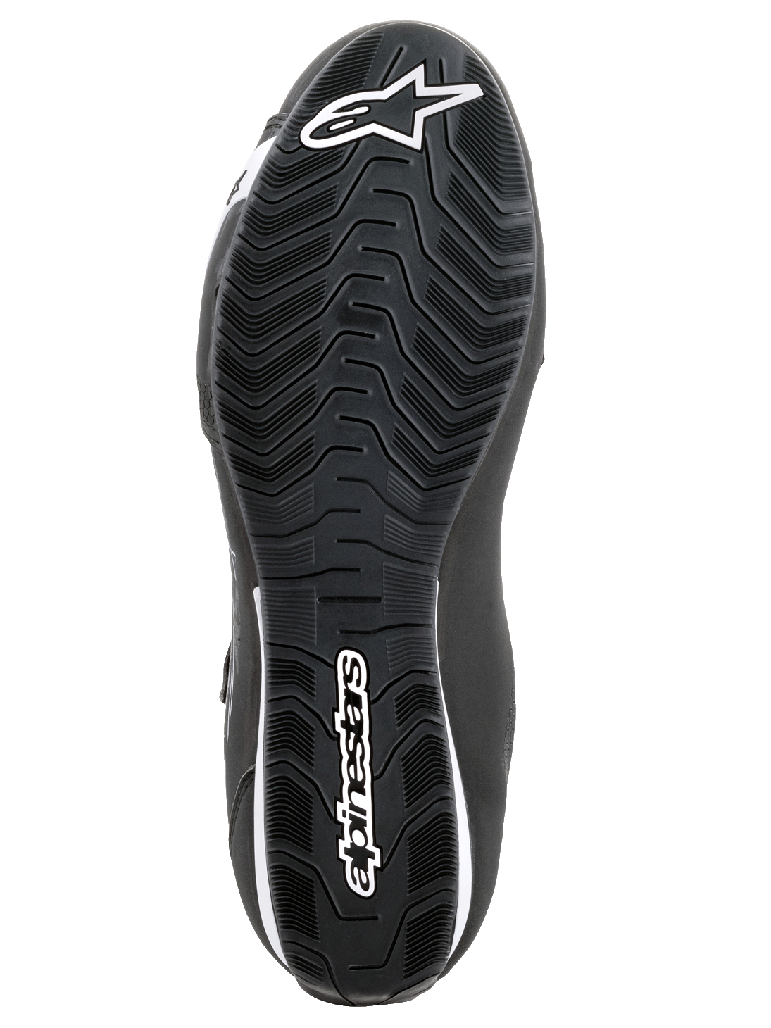 Alpinestars Sektor Schuhe, Motorradschuhe, Schwarz und Weiß, Unteransicht der strukturierten Gummisohle mit wellenförmigem Profilmuster, mit weißem Alpinestars-Logo und Stern-Symbol.